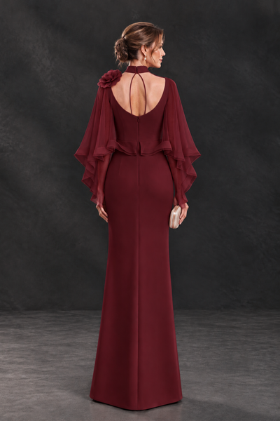 BOLODOO Burgundy Floral Cape Sleeve Mother of the Bride Dress - Burgundy - Burgundy_2