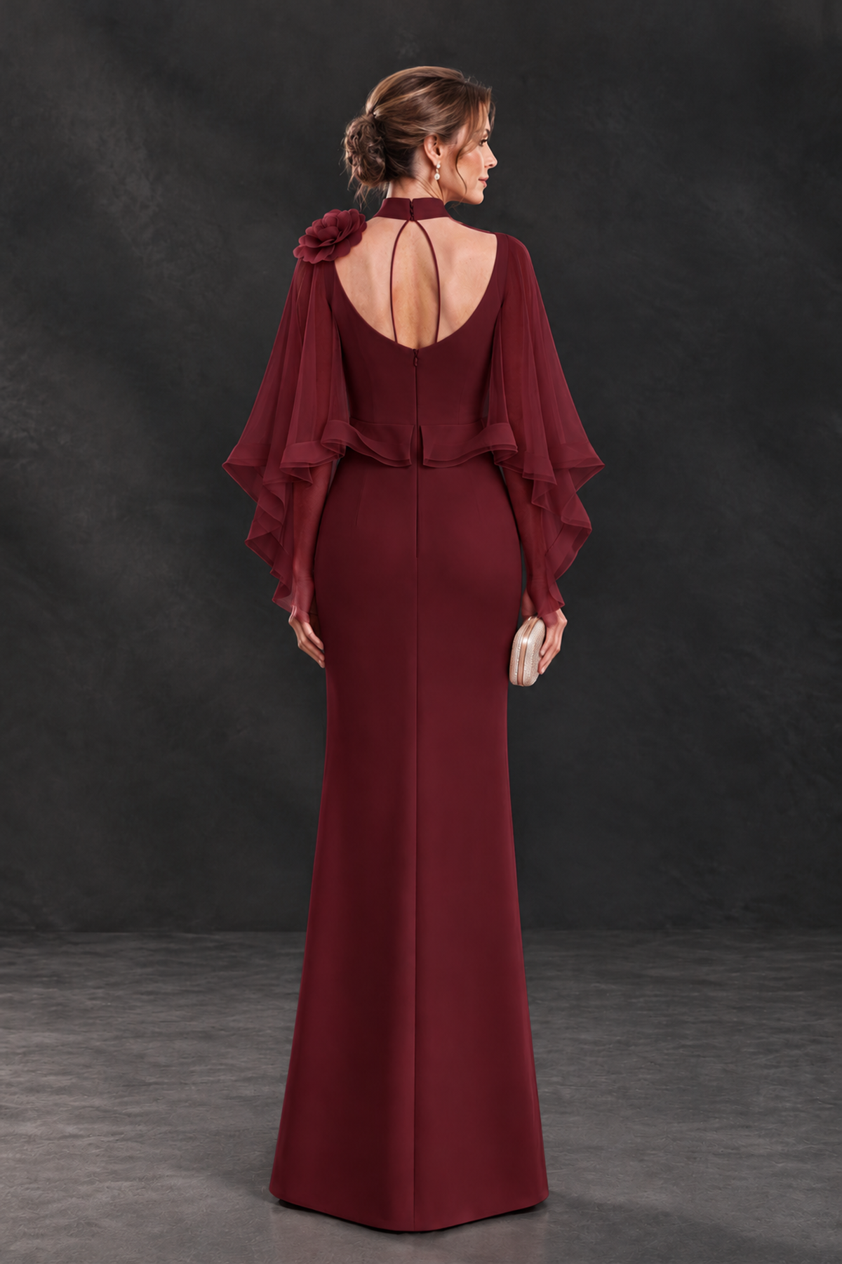 BOLODOO Burgundy Floral Cape Sleeve Mother of the Bride Dress - Burgundy - Burgundy_2