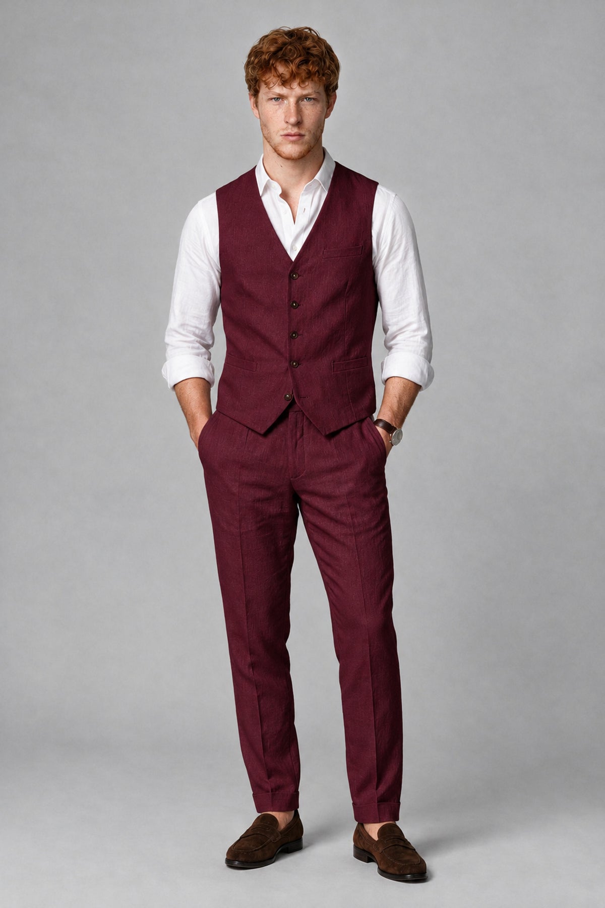 Bolodoo Men's Burgundy 2-Piece Vest and Pants Set with V-Neck Waistcoat - Burgundy - Burgundy_2