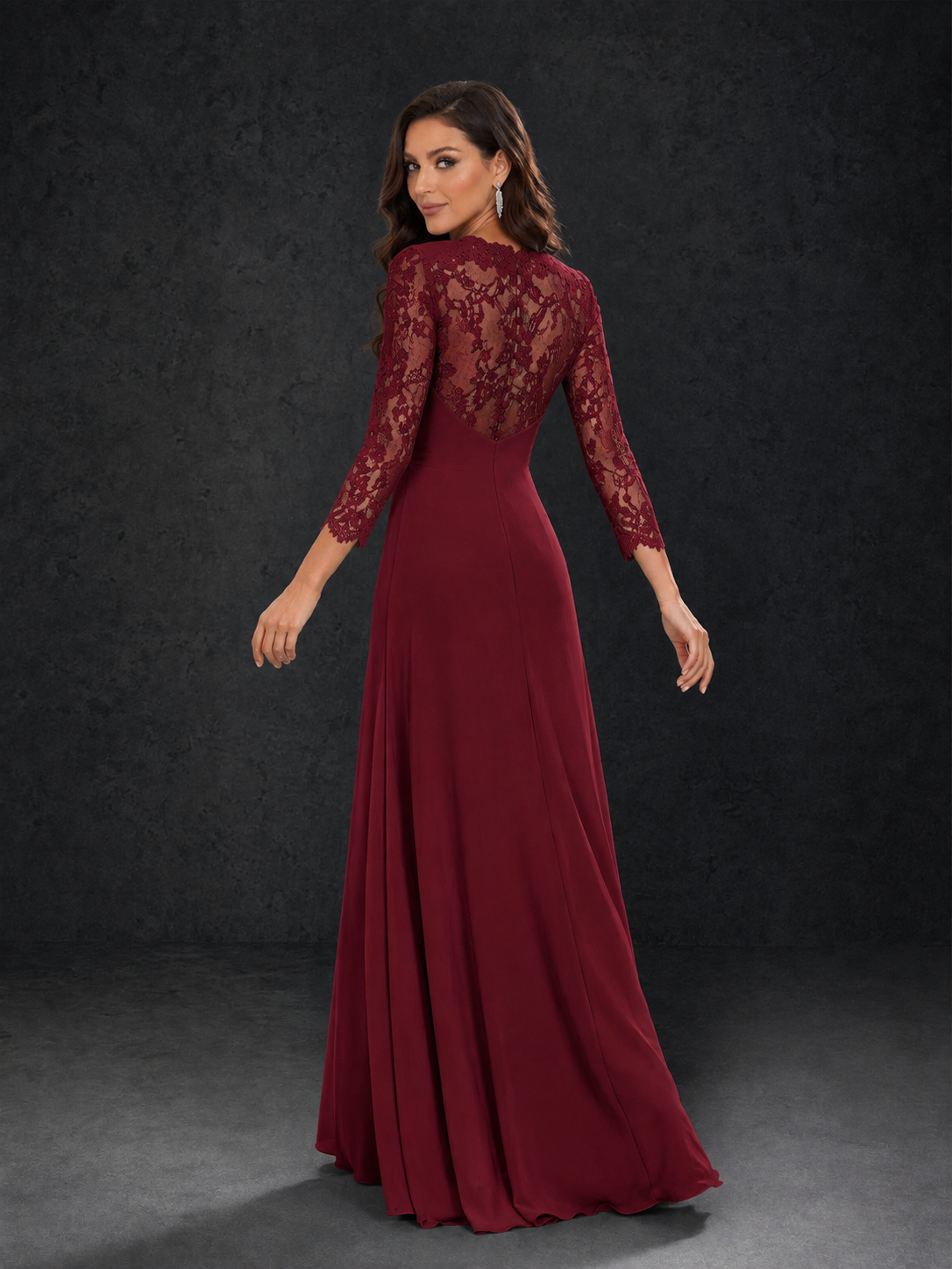 BOLODOO Burgundy Lace Sleeve V-Neck Floral Waist Chiffon A-Line Maxi Dress - Burgundy