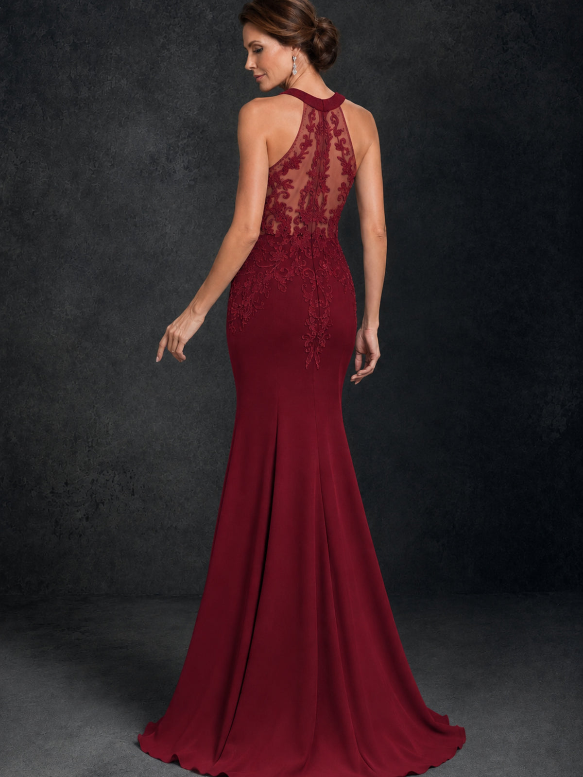 BOLODOO Burgundy Lace Applique Halter Neck Sheer Back Mermaid Maxi Dress with Sweep Train - Burgundy