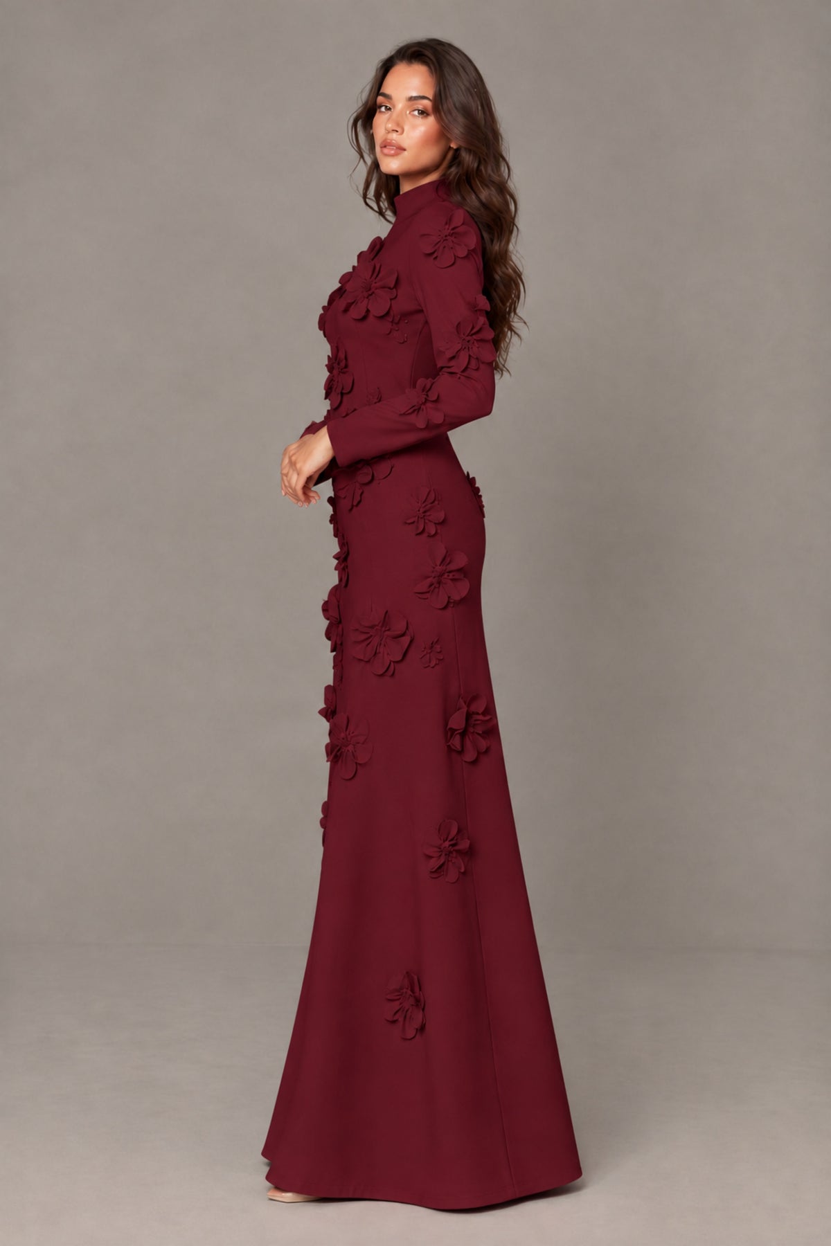 BOLODOO Burgundy High Neck Long Sleeve 3D Floral Evening Gown - Burgundy