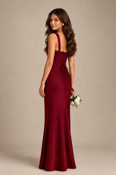 BOLODOO Burgundy Square Neck Ruched Satin Lace-Up Bridesmaid Dress - Burgundy - Burgundy_2