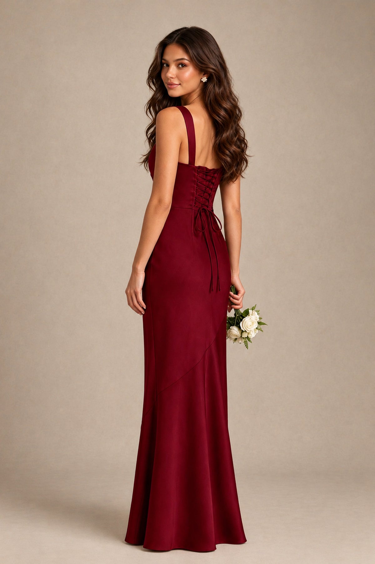 BOLODOO Burgundy Square Neck Ruched Satin Lace-Up Bridesmaid Dress - Burgundy - Burgundy_2