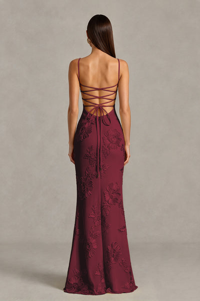 BOLODOO Burgundy Floral Lace-Up Back Mermaid Maxi Dress - Burgundy