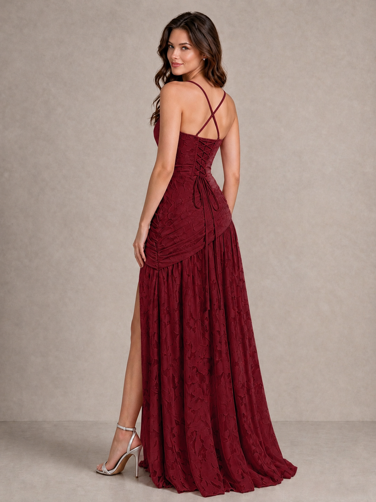 BOLODOO Burgundy Floral Jacquard Bridesmaid Dress with Square Neck, Lace-Up Back & High Slit - Burgundy - Burgundy_2