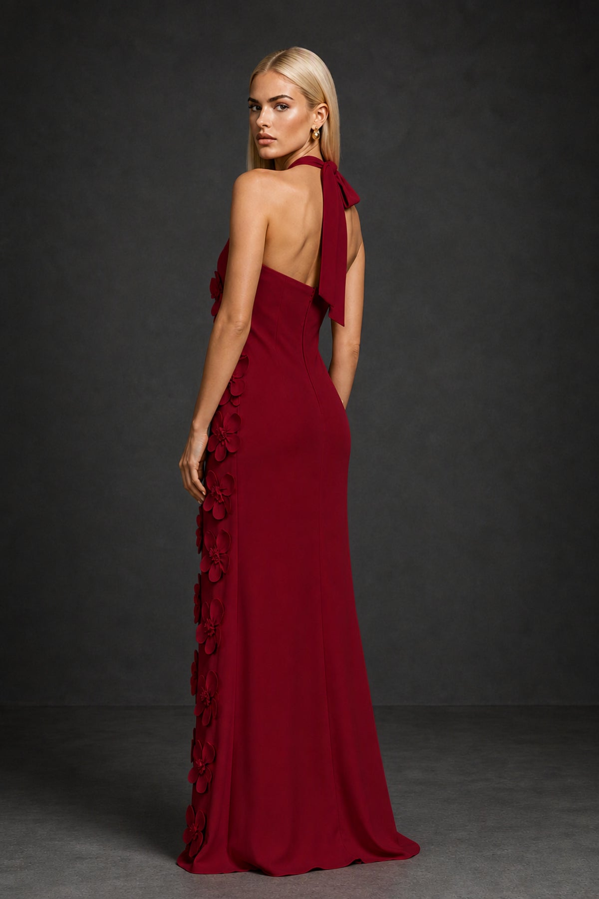 BOLODOO Burgundy Cross Halter Neck 3D Floral Appliqué Backless Mermaid Maxi Gown - Burgundy