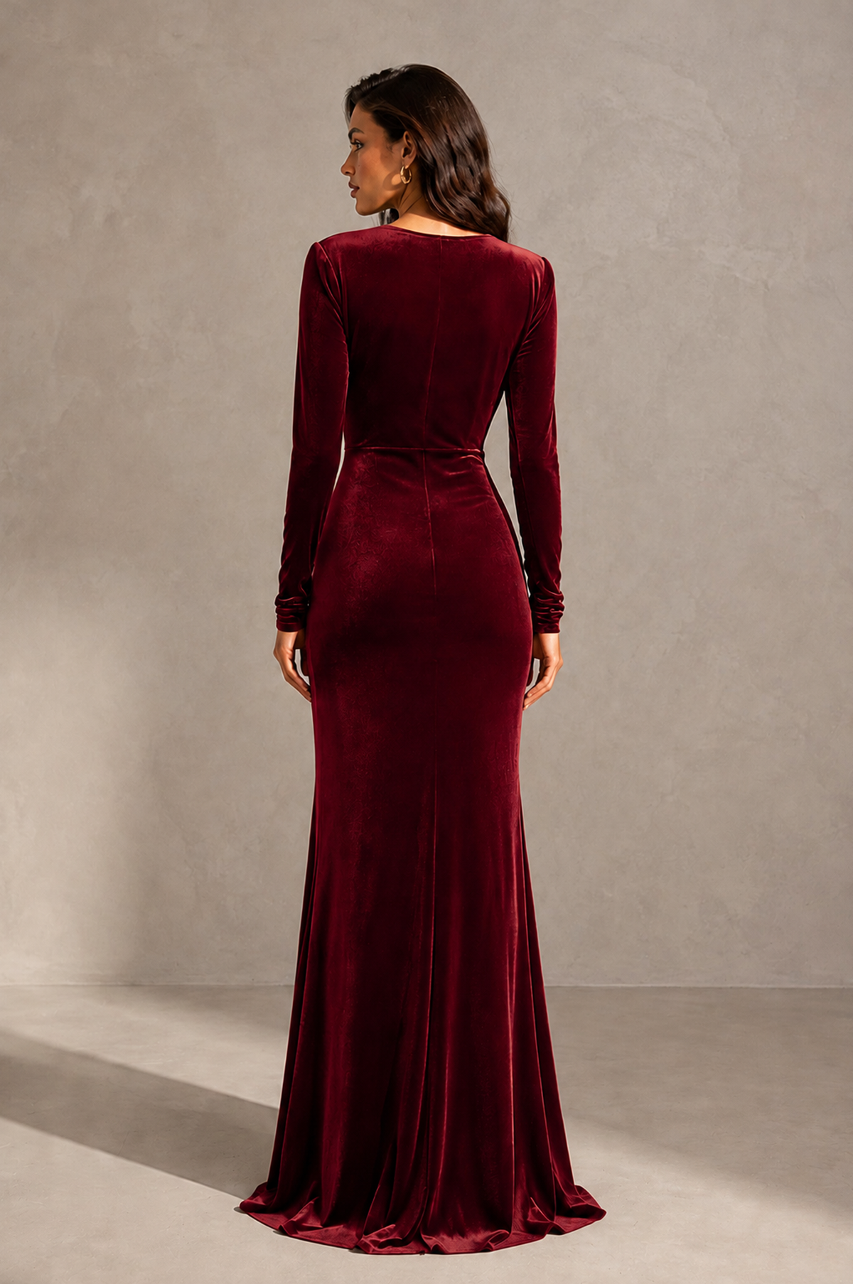 BOLODOO Burgundy Velvet Long Sleeve V-Neck Ruched Evening Gown - Burgundy