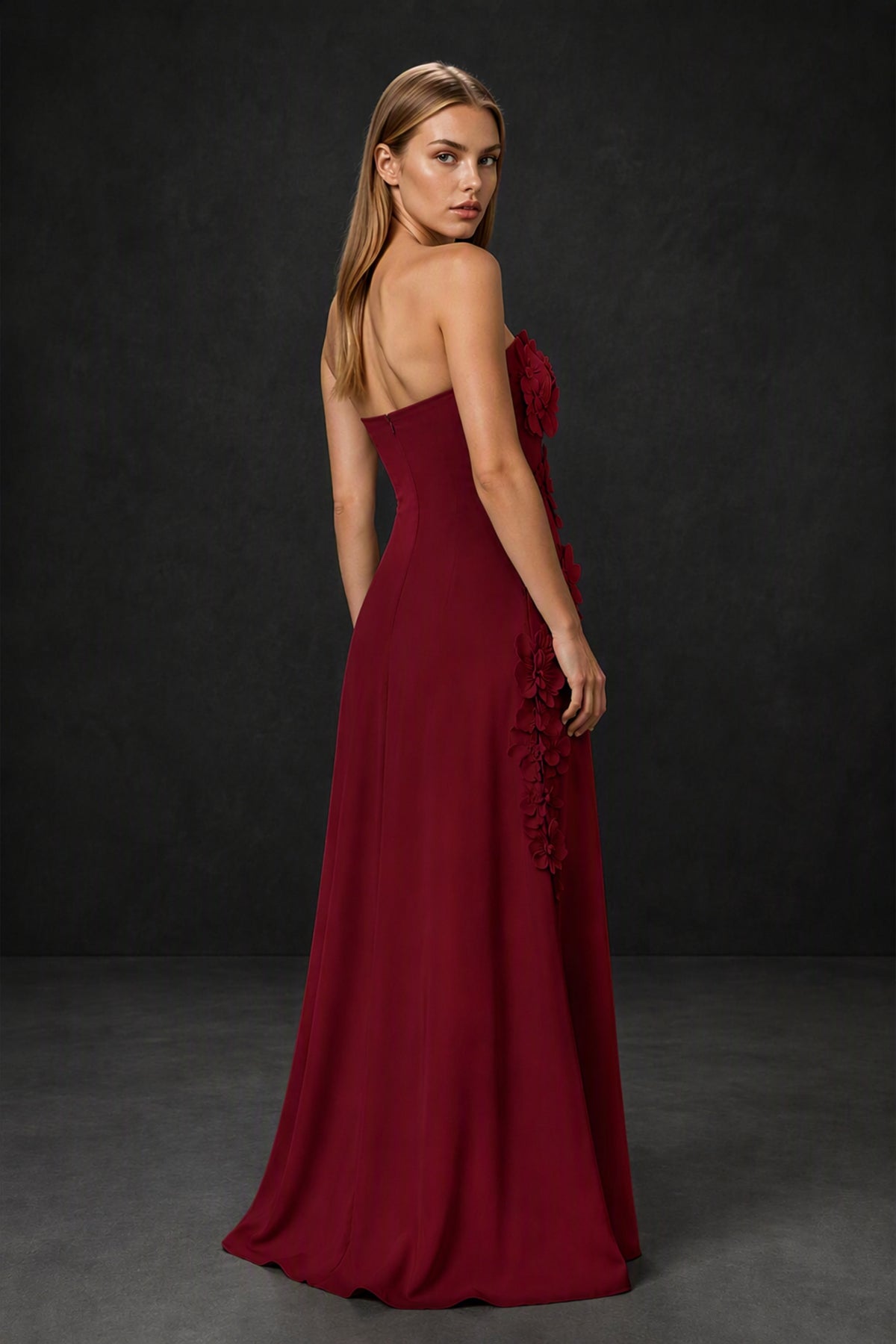 BOLODOO Burgundy Strapless 3D Floral Appliqué Crepe Mermaid Maxi Gown - Burgundy