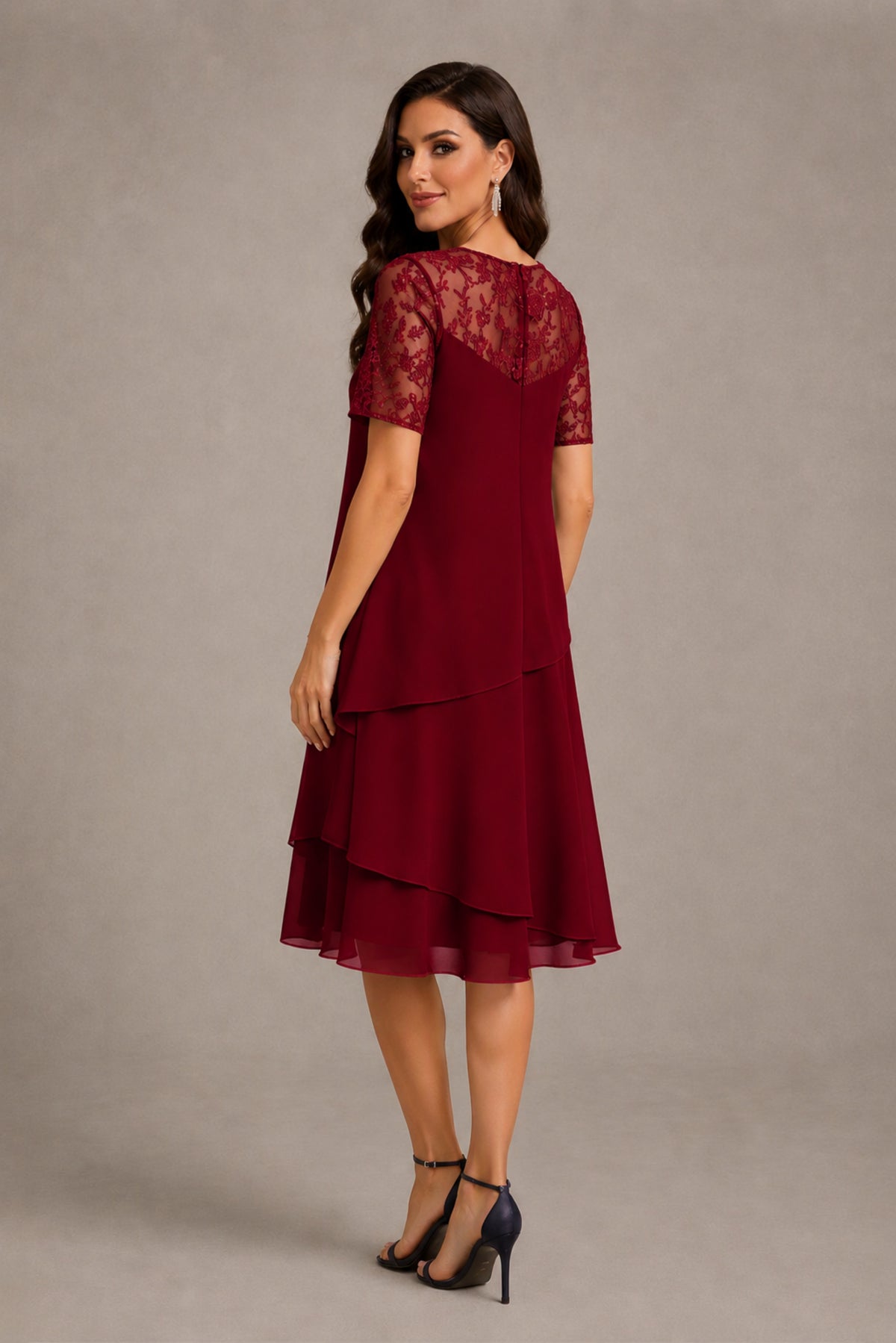 BOLODOO Burgundy Illusion Lace Short Sleeve Tiered Chiffon Tea Length Dress | Mother of the Bride Midi Dress - Burgundy