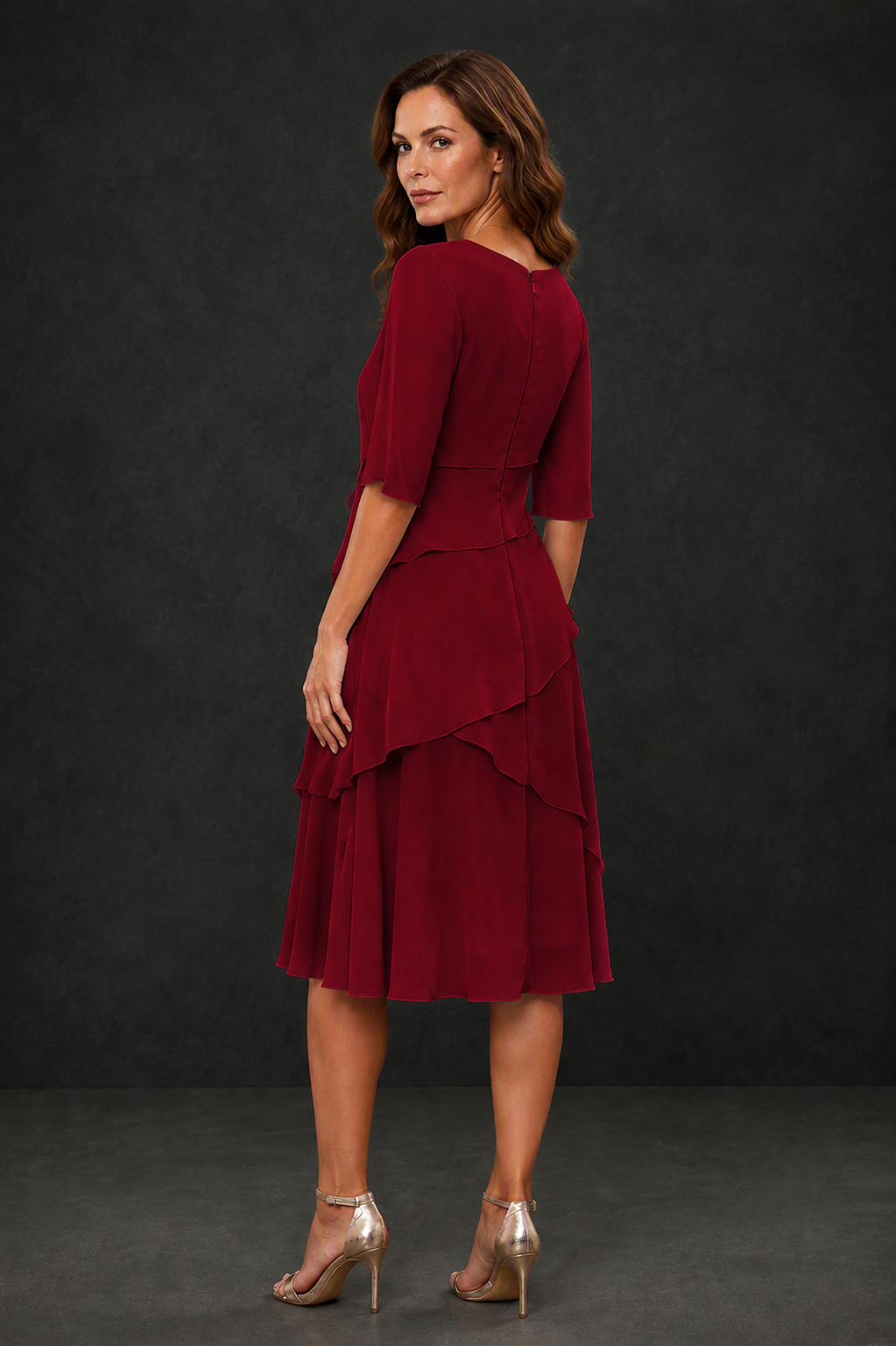 BOLODOO Burgundy Chiffon 3/4 Sleeve Asymmetric Tiered Tea Length Dress | Mother of the Bride Midi Dress - Burgundy
