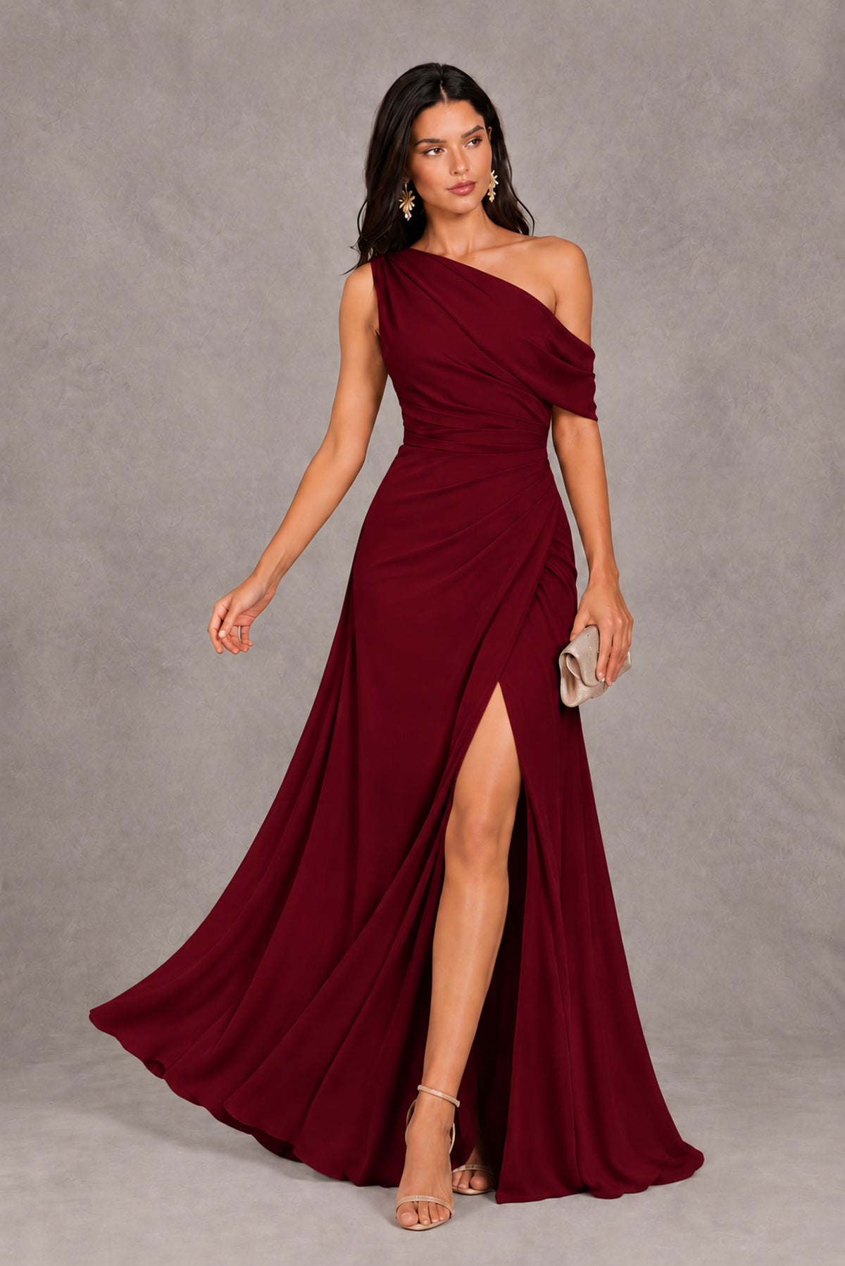 Burgundy One-Shoulder Floor-Length Evening Gown with High Slit - Burgundy