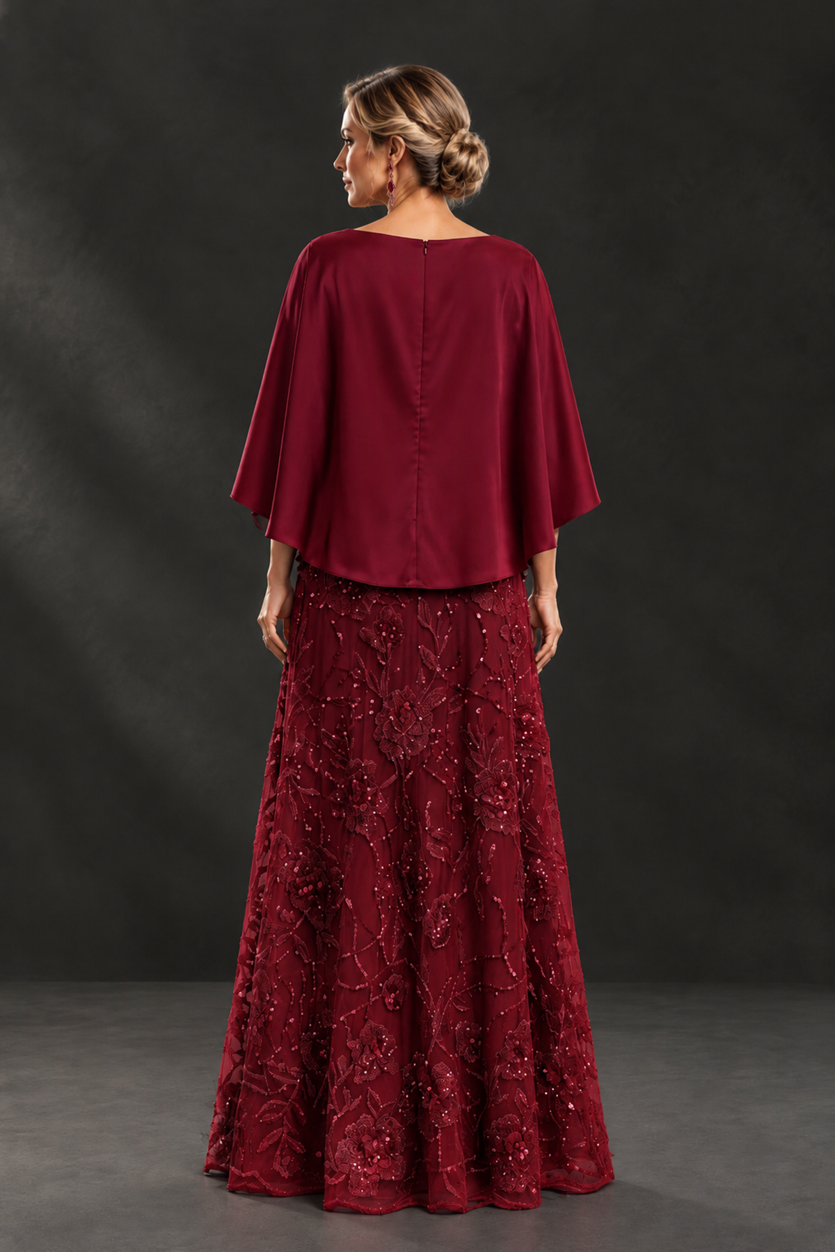 BOLODOO Burgundy Cape Sleeve Floral Mother of the Bride Dress - Burgundy - Burgundy_2