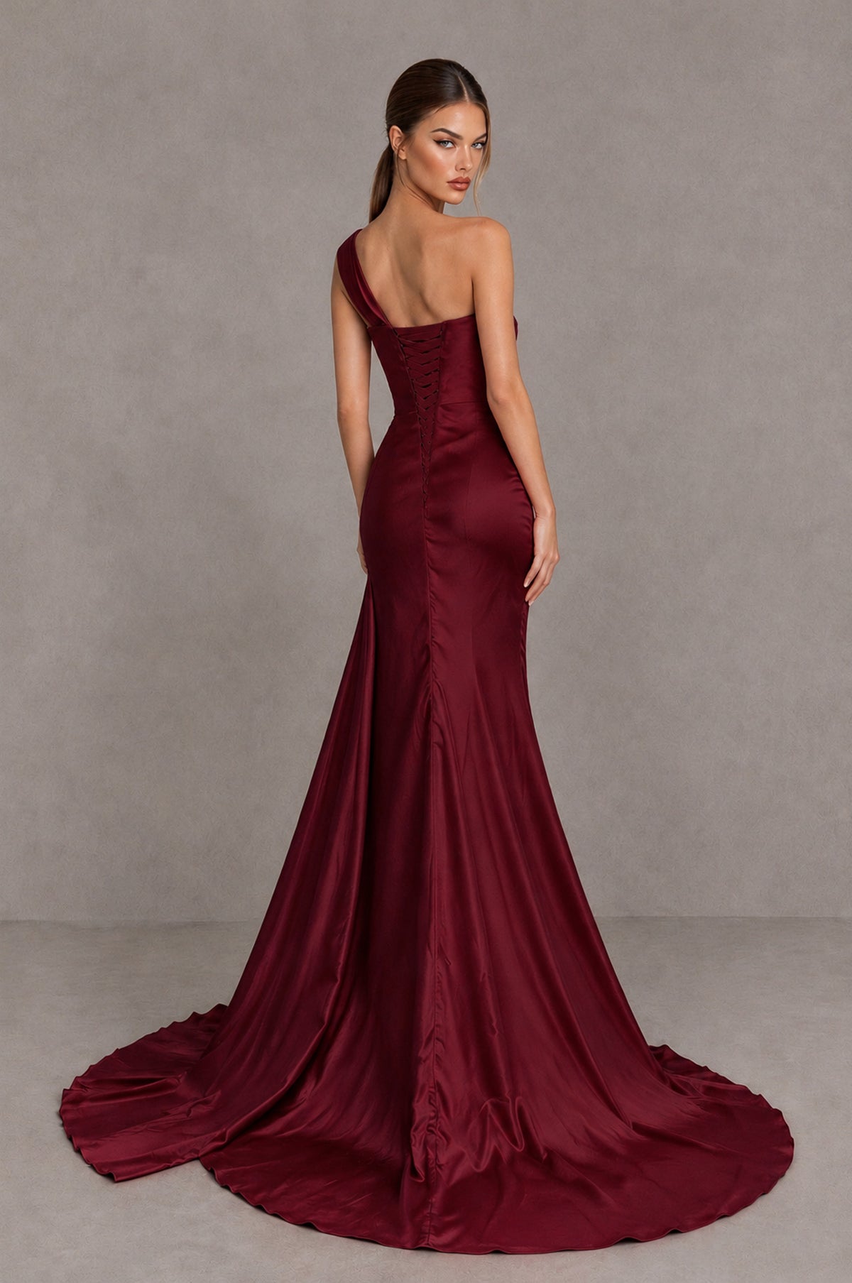 BOLODOO Burgundy One Shoulder Satin Mermaid Evening Dress with Ruched Slit Skirt - Burgundy - Burgundy_2