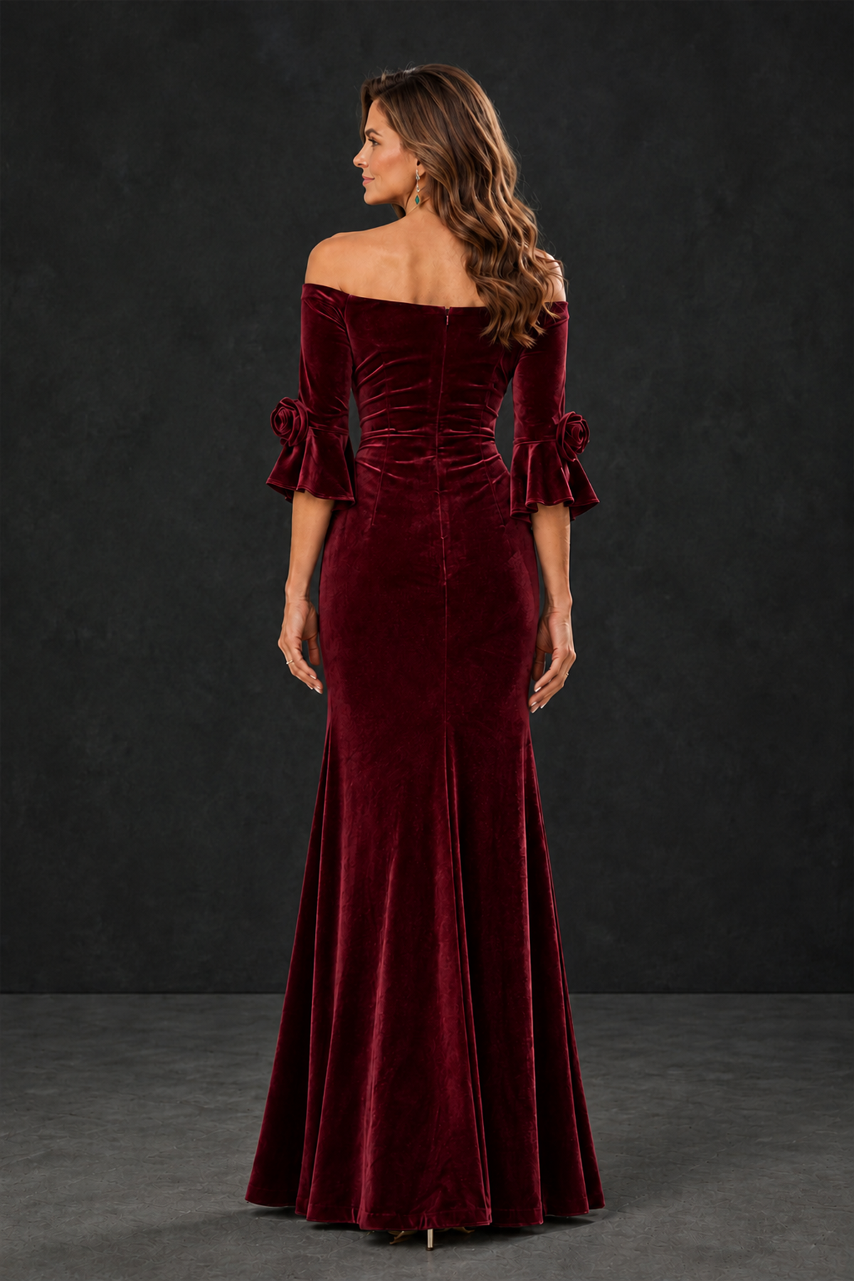 BOLODOO Burgundy Velvet Mother of the Bride Dress with Rosette Sleeves - Burgundy - Burgundy_2