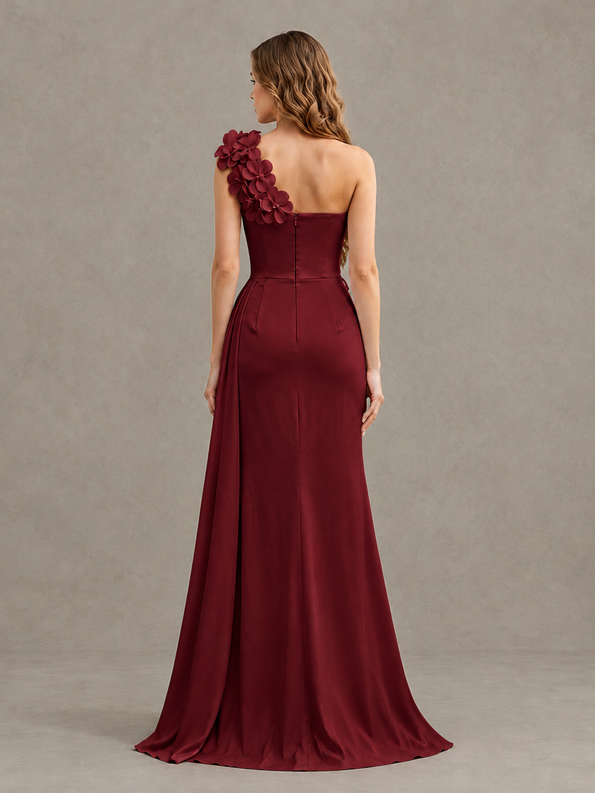 BOLODOO Burgundy One-Shoulder Satin Mermaid Evening Gown with 3D Floral Appliqué - Burgundy - Burgundy_2