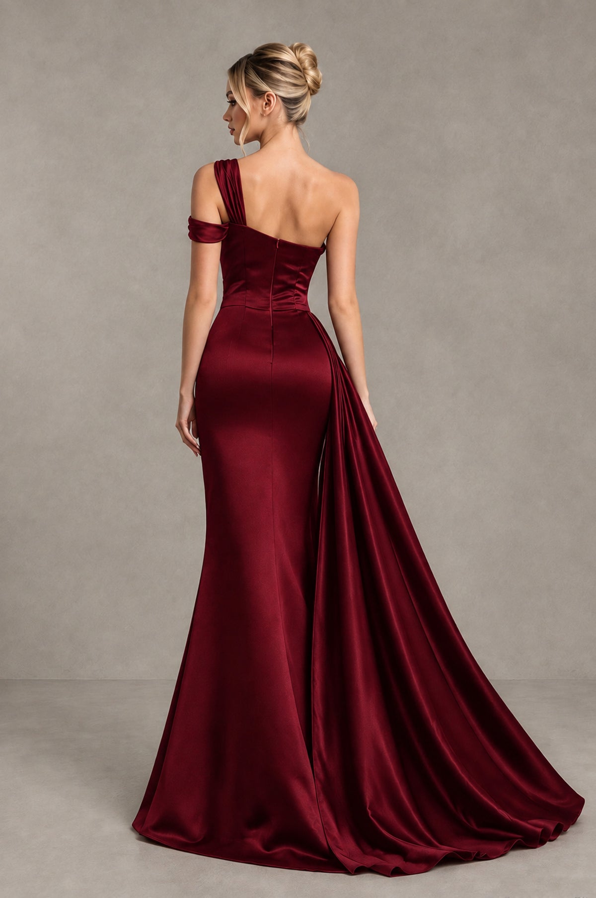 BOLODOO Burgundy Asymmetric Ruched Formal Evening Dress - Burgundy - Burgundy_2