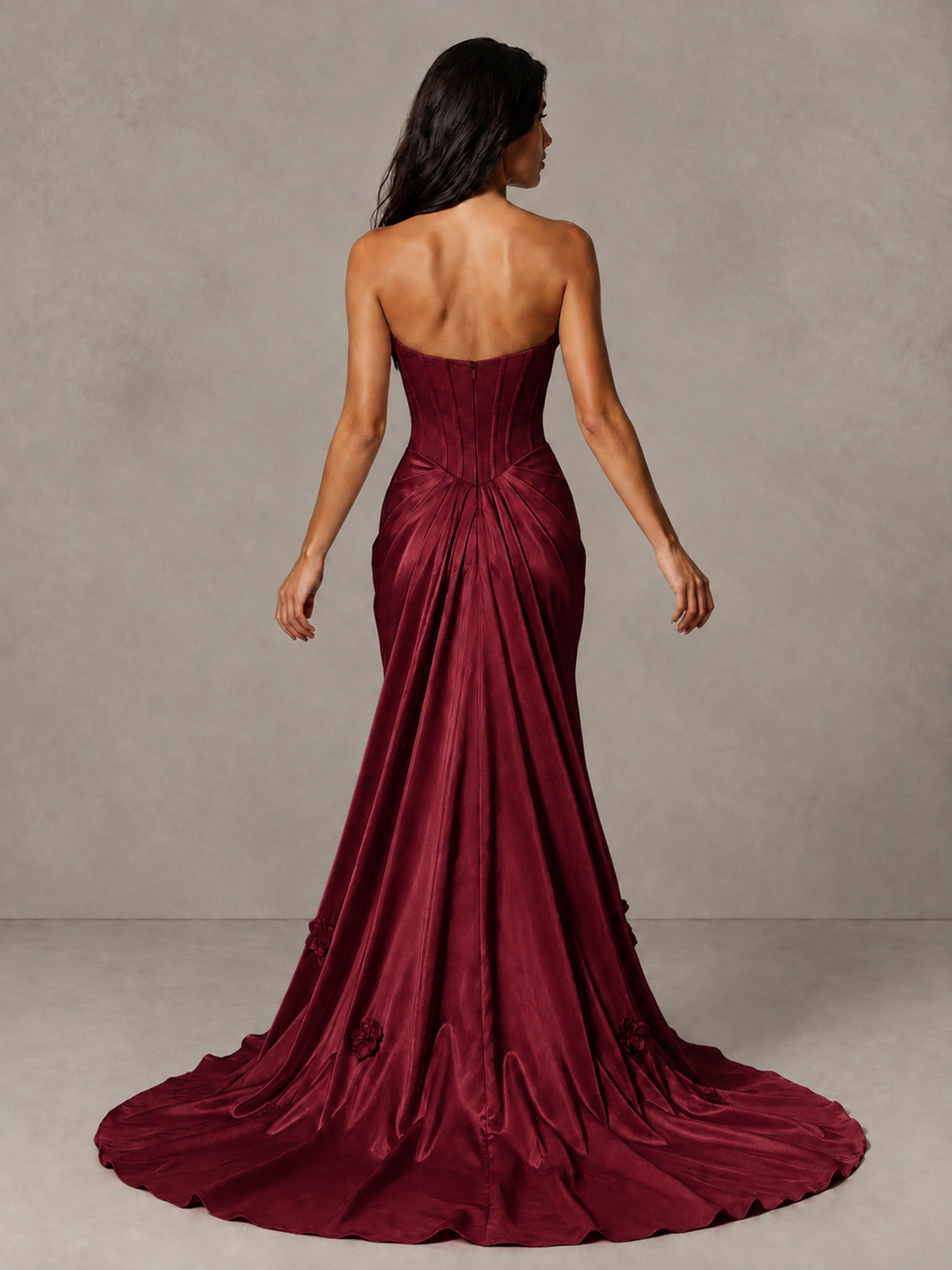 BOLODOO Burgundy Strapless Floral Corset Evening Gown with Train - Burgundy - Burgundy_2