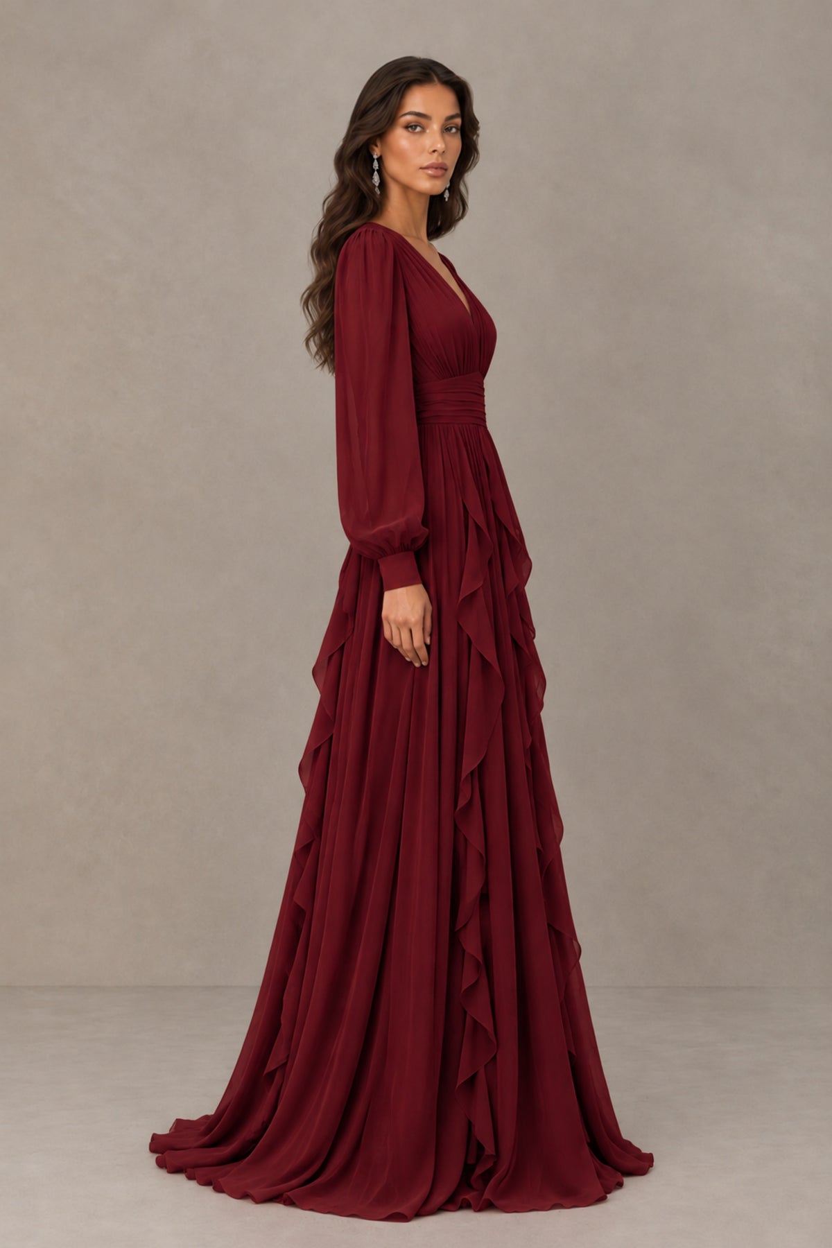 BOLODOO Burgundy Long Sleeve V-Neck Ruffle Maxi Dress - Burgundy