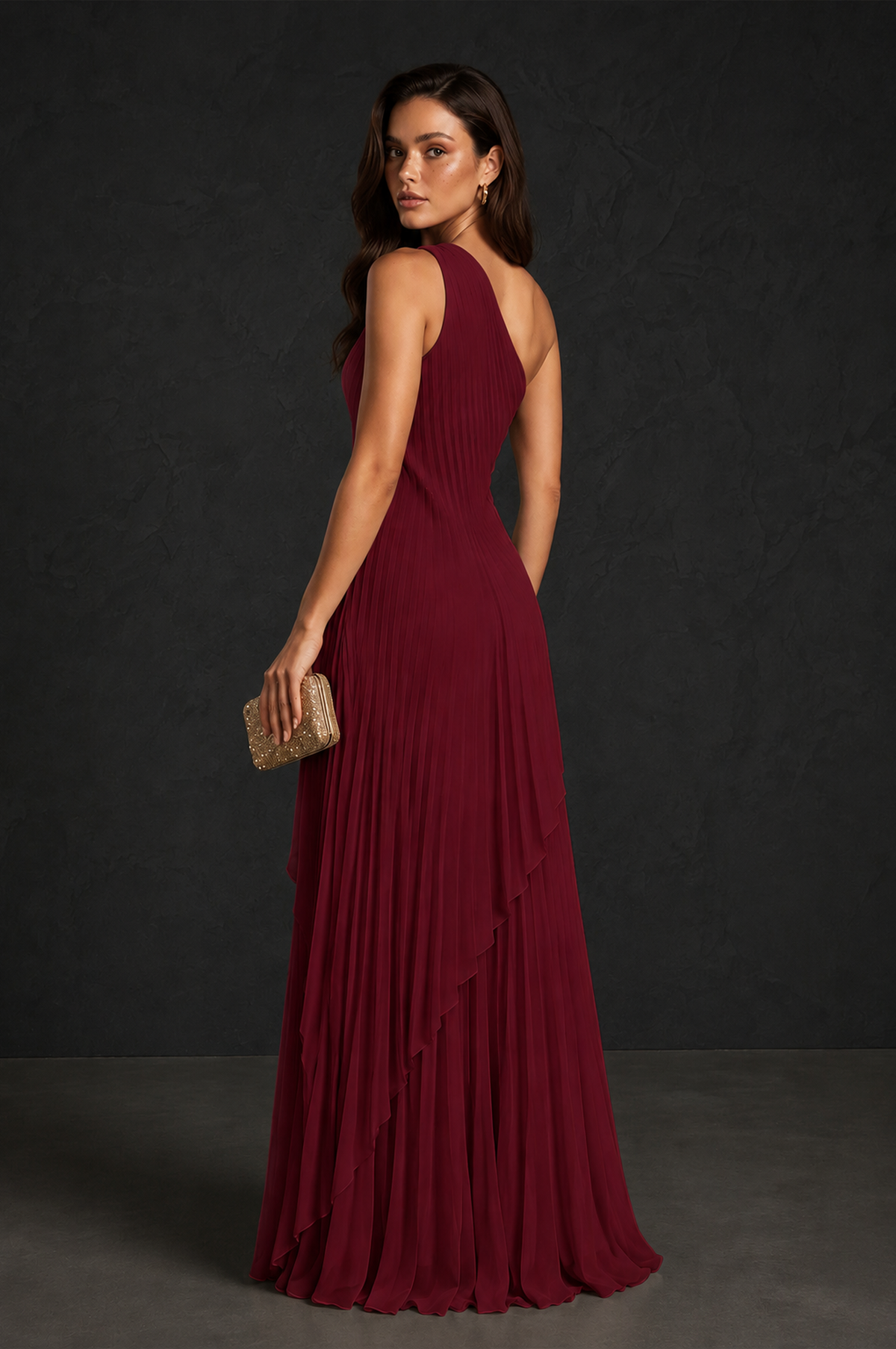 BOLODOO Burgundy One-Shoulder Sunburst Pleated Asymmetric Layered Overlay Accordion Pleated Chiffon Maxi Dress - Burgundy