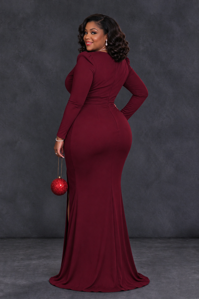 BOLODOO Burgundy Plus Size Long Sleeve V-Neck Mother of the Bride Dress with Slit - Burgundy - Burgundy_2