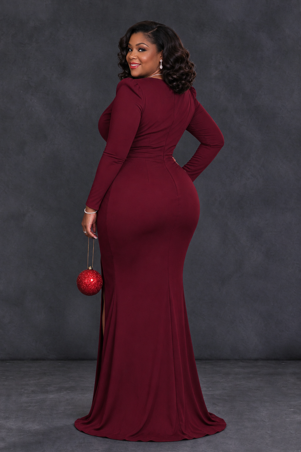 BOLODOO Burgundy Plus Size Long Sleeve V-Neck Mother of the Bride Dress with Slit - Burgundy - Burgundy_2