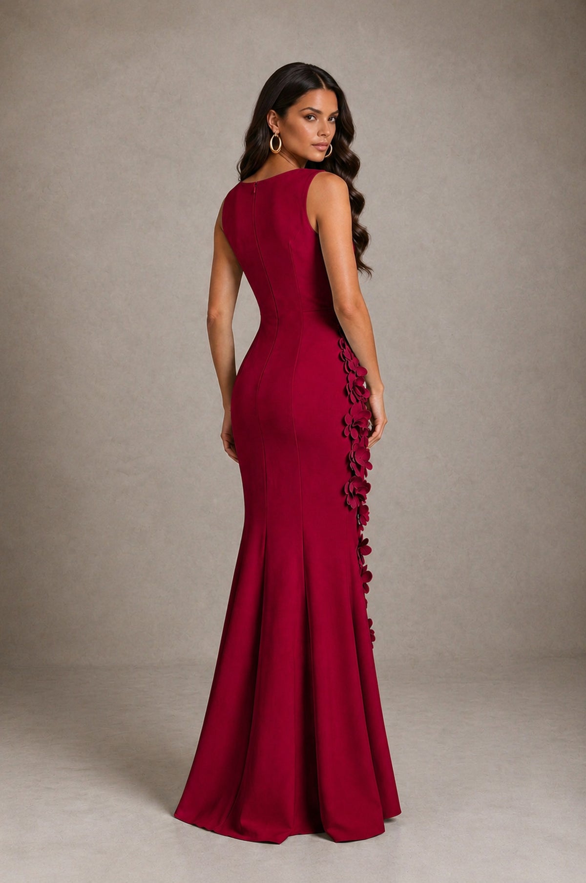 BOLODOO Burgundy Bateau Neck Sleeveless Asymmetric Peplum 3D Petal Appliqué Mermaid Gown BD0421 - Burgundy - Burgundy_2