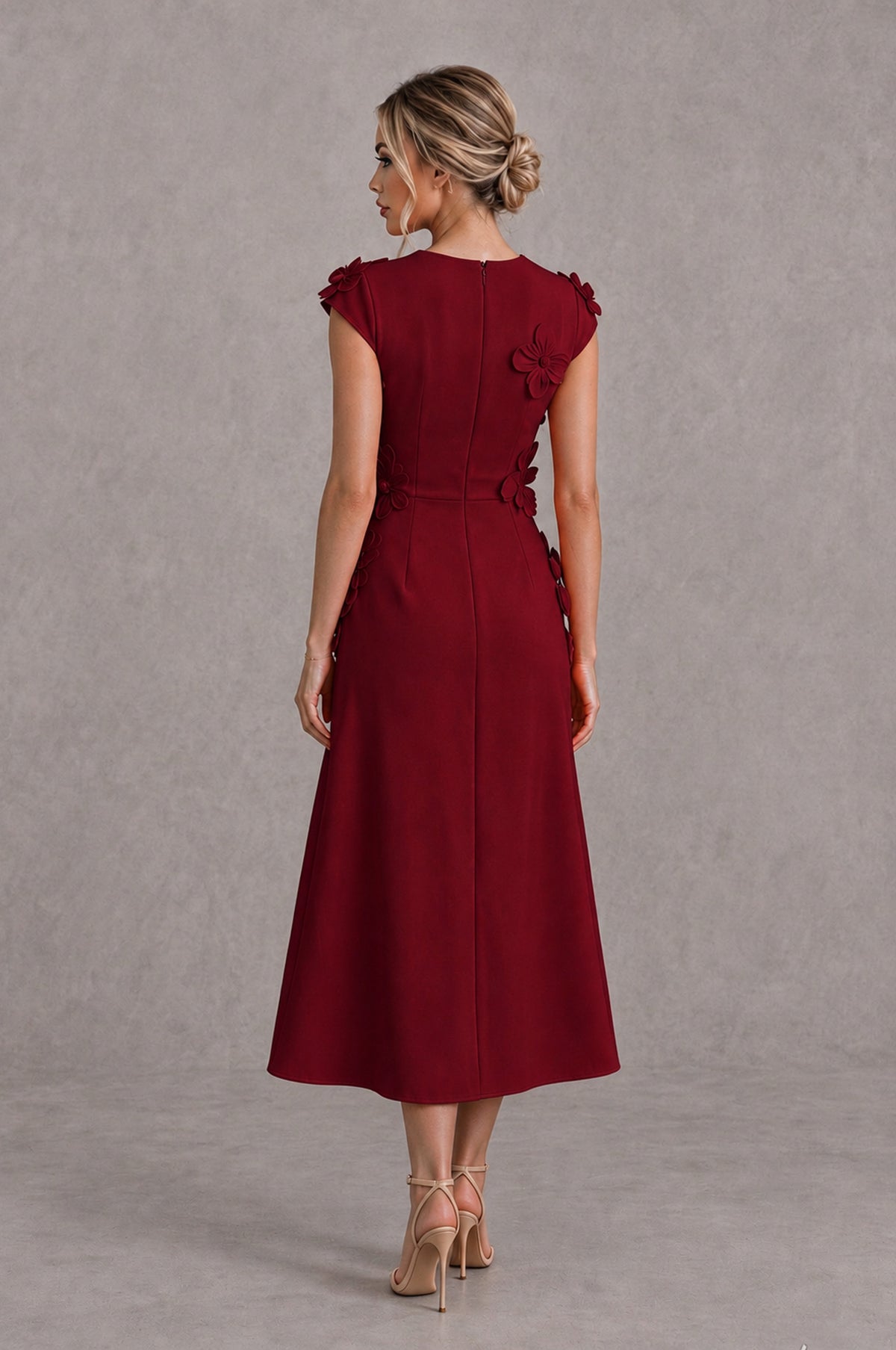 BOLODOO Burgundy 3D Floral Cap Sleeve Midi Cocktail Dress - Burgundy - Burgundy_2