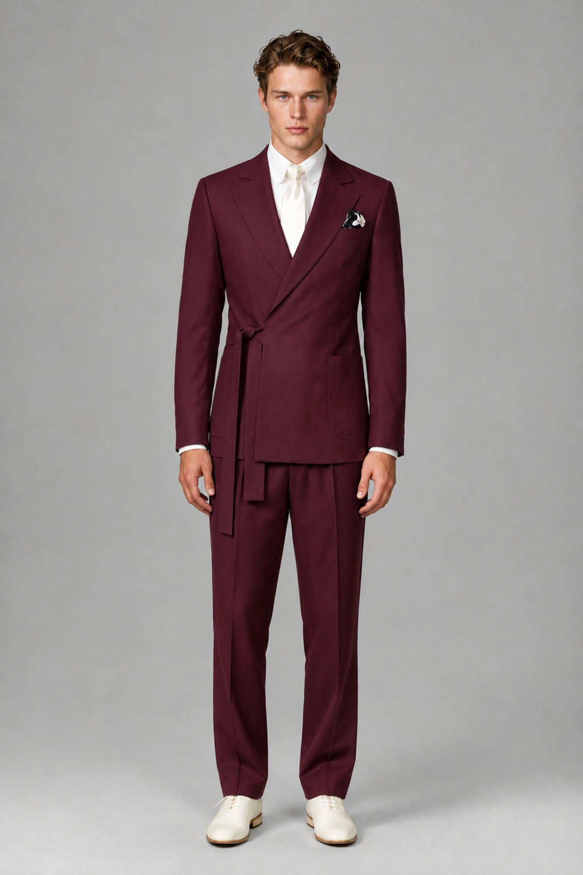 Bolodoo Men's Burgundy Wrap Tie-Waist Two-Piece Suit – Jacket & Trousers - Burgundy - Burgundy_2