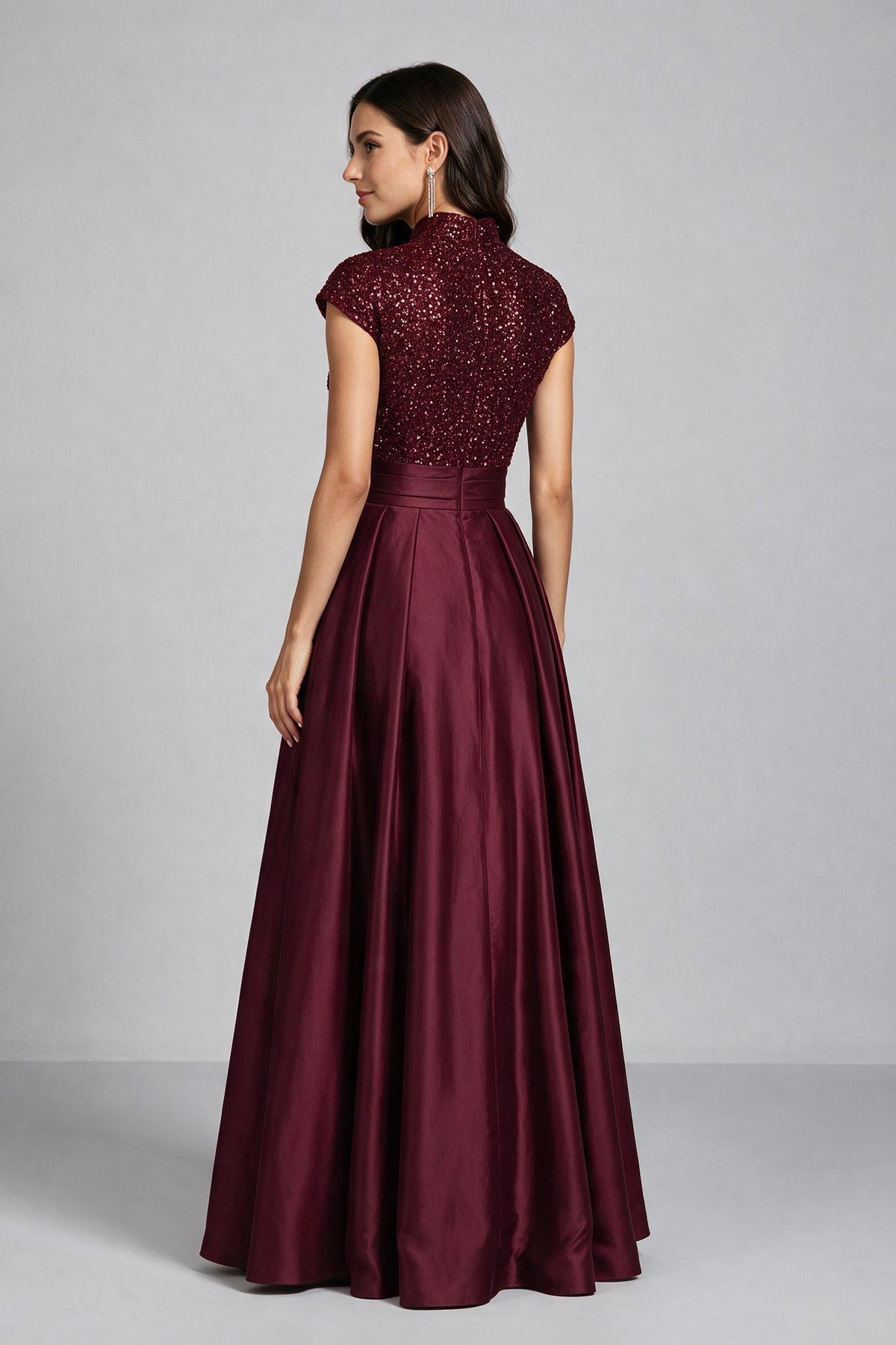 BOLODOO Burgundy Sequin Embroidered High Neck Cap Sleeve A-Line Ball Gown – Formal Evening Dress - Burgundy