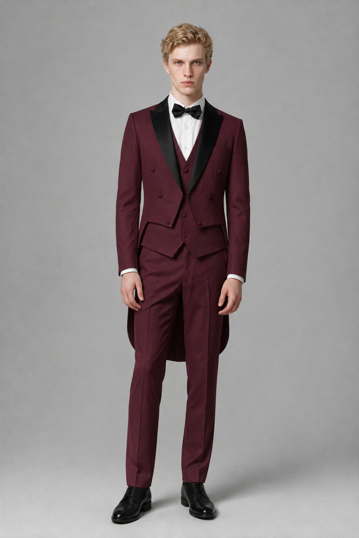 Bolodoo Men's Burgundy 3-Piece Tailcoat Tuxedo Suit with Vest & Trousers - Burgundy - Burgundy_2