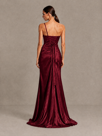 BOLODOO Burgundy One Shoulder Satin Evening Gown with High Slit and Sweep Train - Burgundy - Burgundy_2