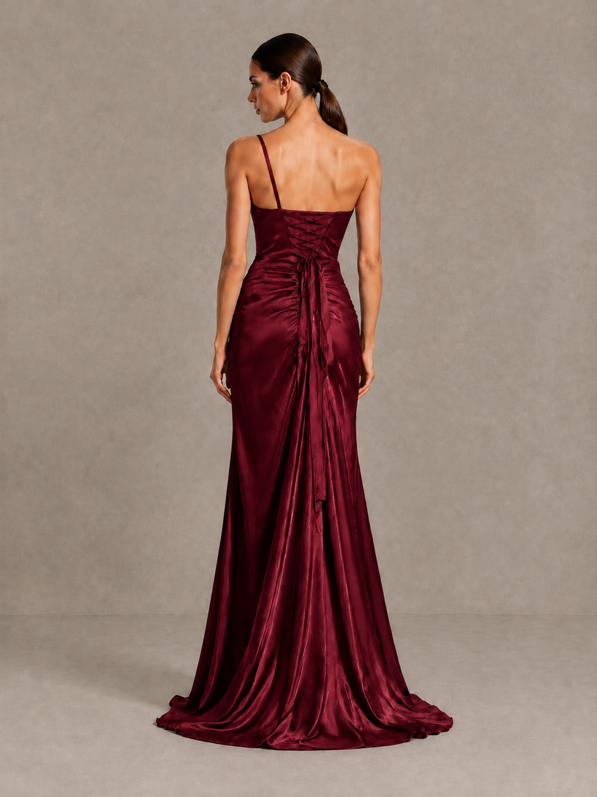 BOLODOO Burgundy One Shoulder Satin Evening Gown with High Slit and Sweep Train - Burgundy - Burgundy_2