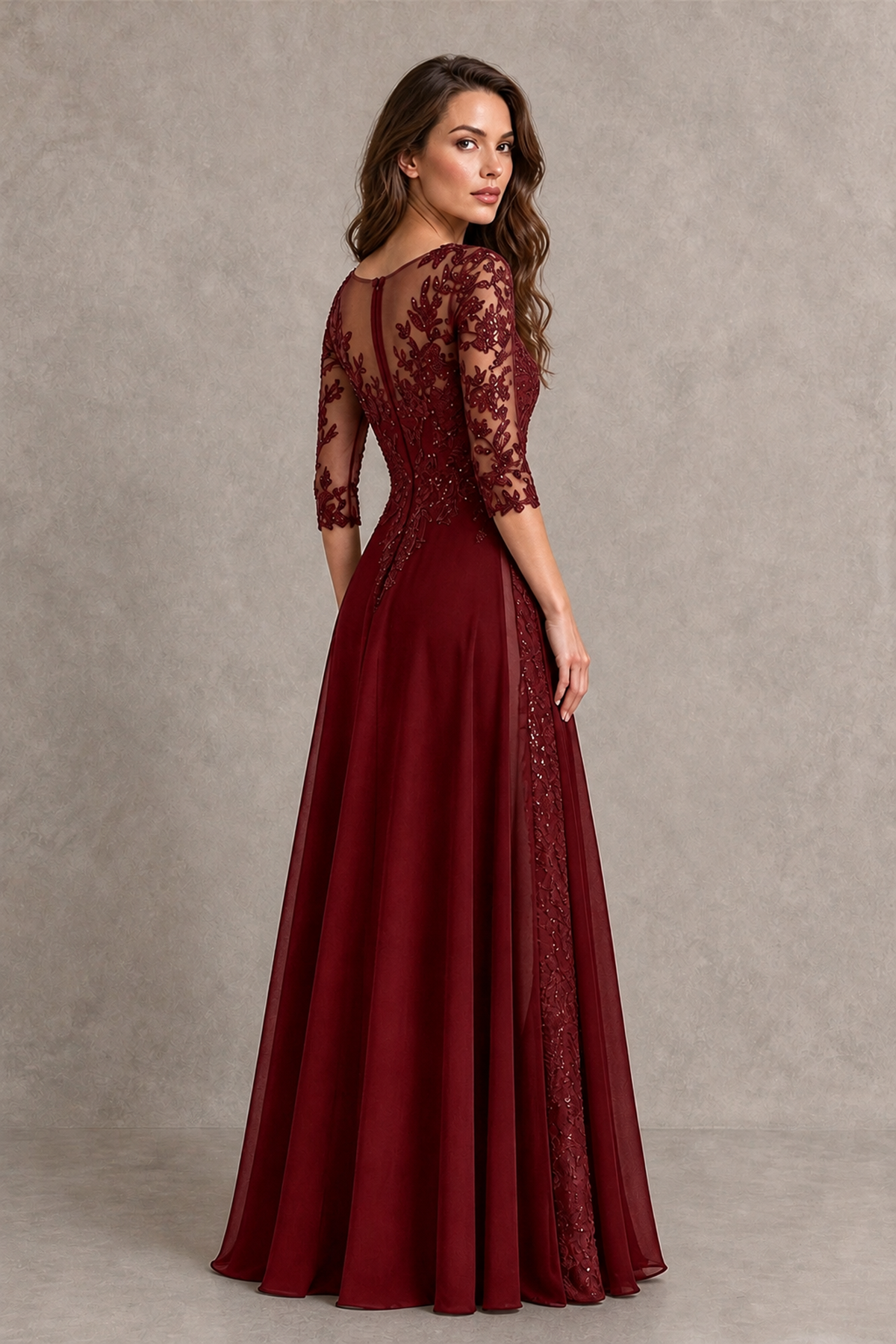 BOLODOO Midnight Burgundy Beaded Lace Appliqué Chiffon A-Line Gown | Mother of the Bride & Formal Evening Dress - Burgundy - Burgundy_2