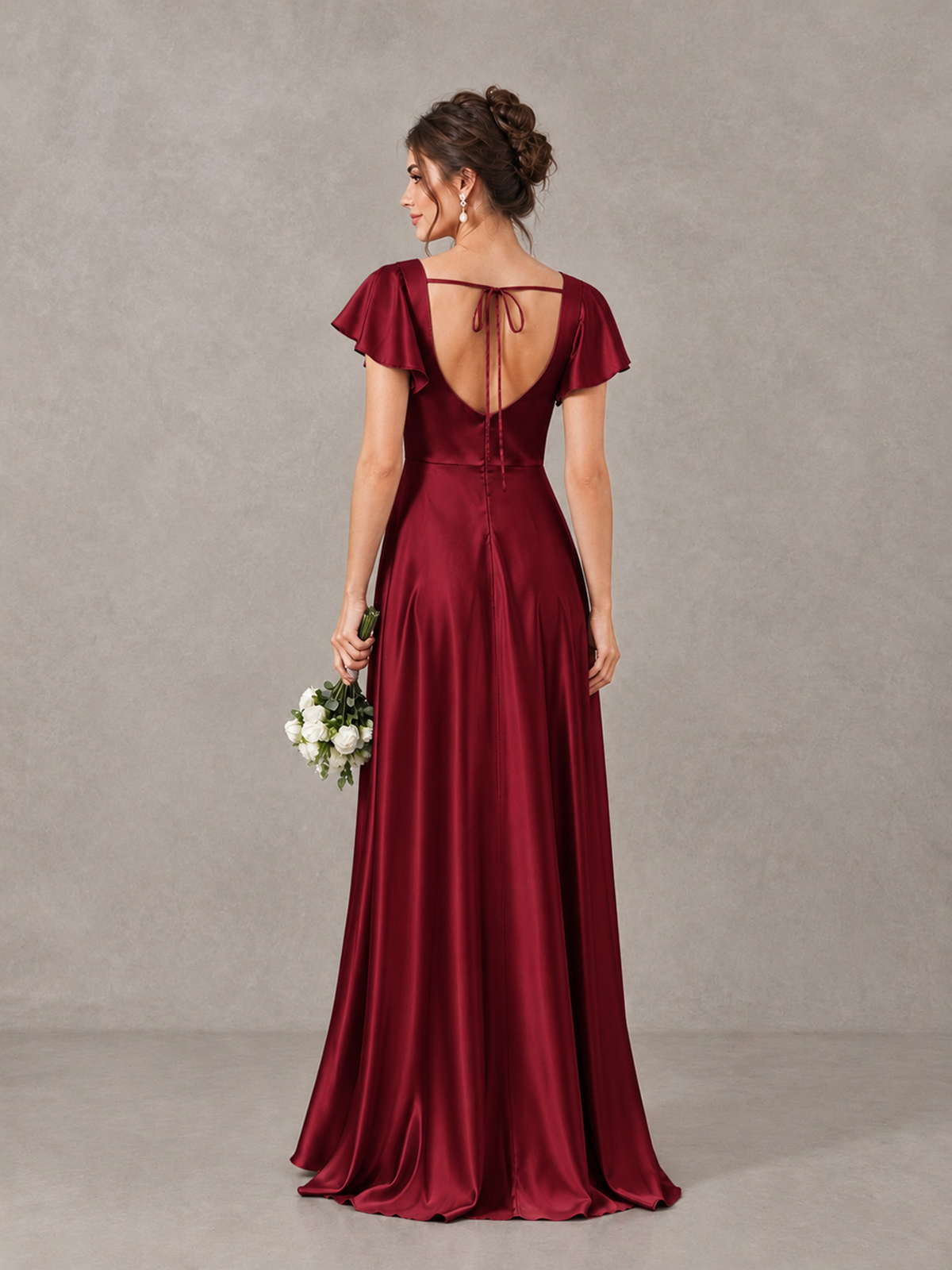 BOLODOO Burgundy Satin Square Neck Flutter Sleeve A-Line Bridesmaid Dress with Slit - Burgundy - Burgundy_2