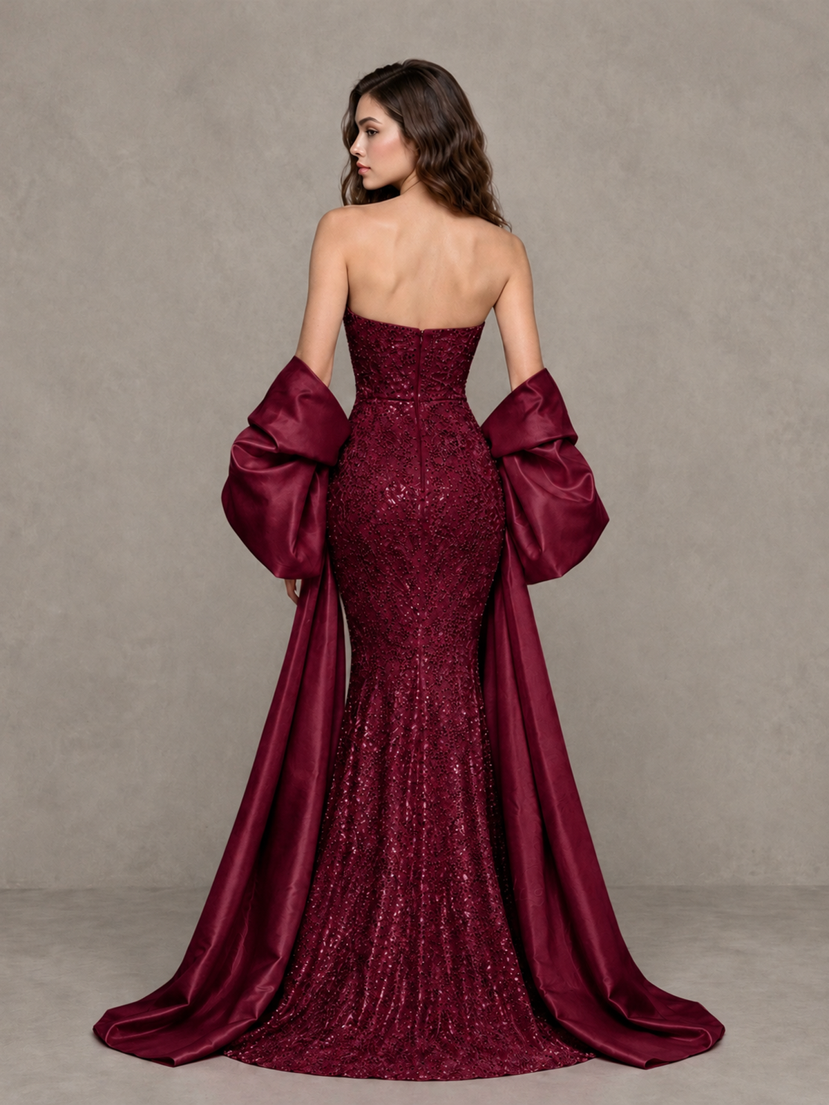 BOLODOO Burgundy Strapless Sparkle Mermaid Prom Dress with Front Slit and Draped Sleeves - Burgundy - Burgundy_2