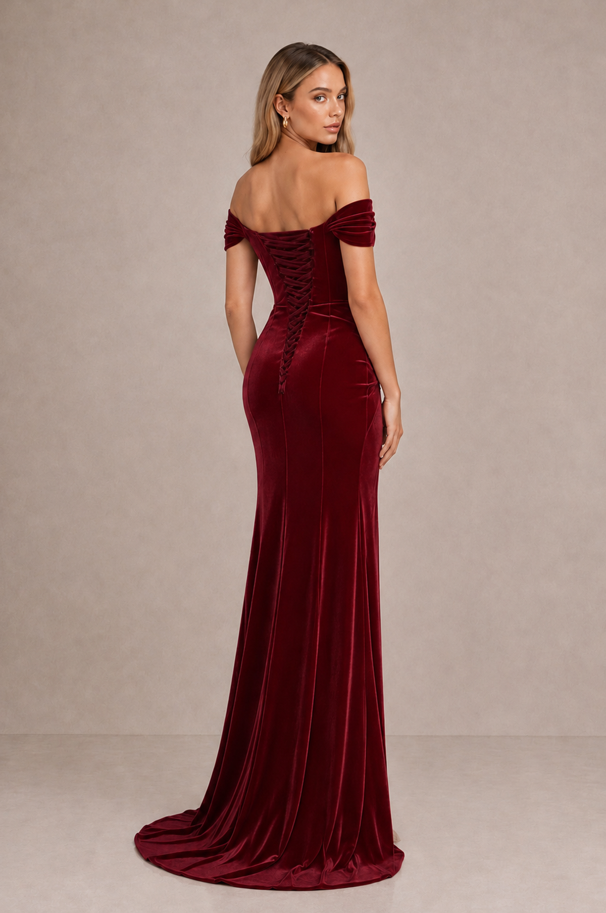BOLODOO Burgundy Velvet Off-Shoulder Ruched High Slit Evening Dress - Burgundy - Burgundy_2