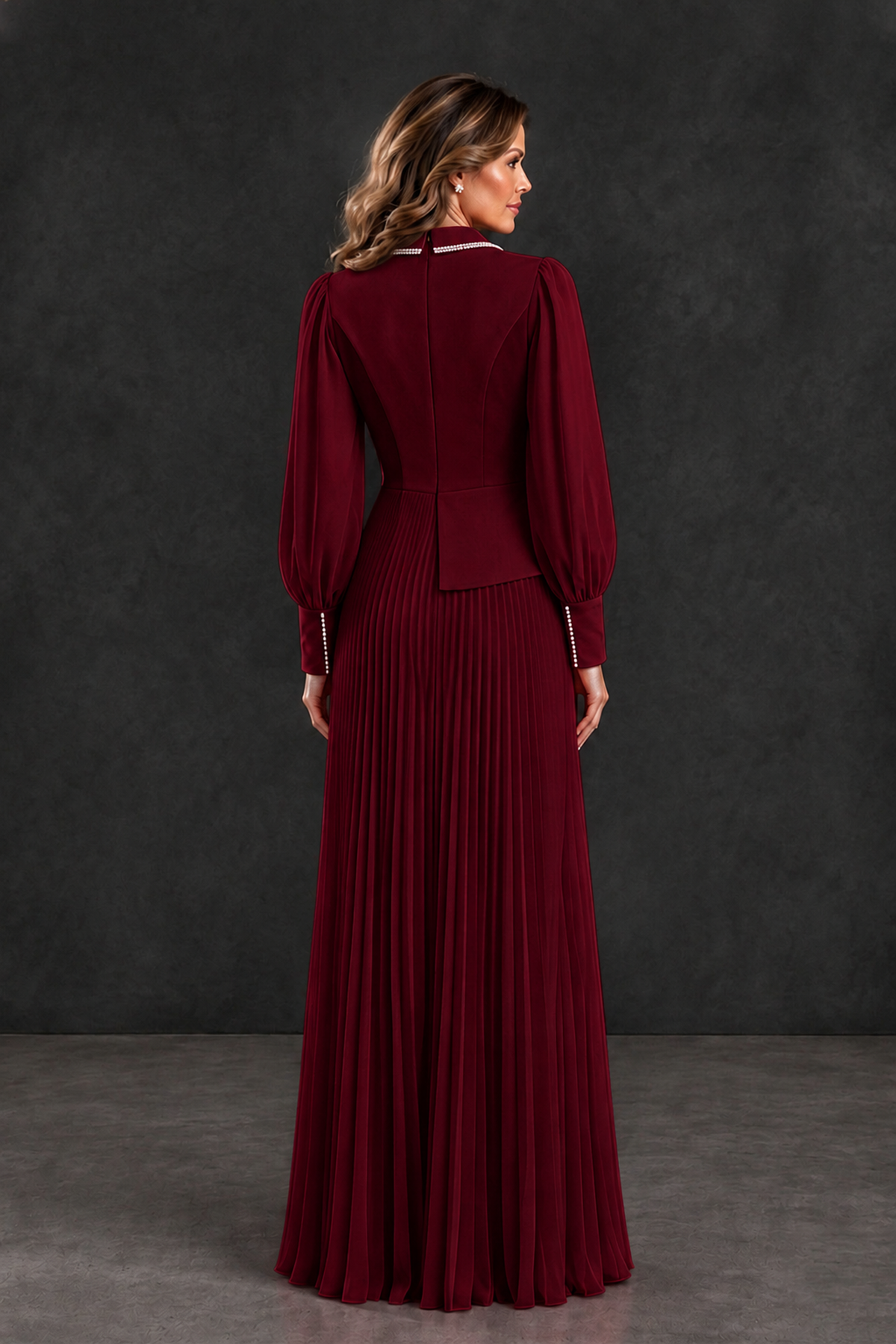 BOLODOO Burgundy Long Sleeve Pleated Mother of the Bride Dress - Burgundy - Burgundy_2