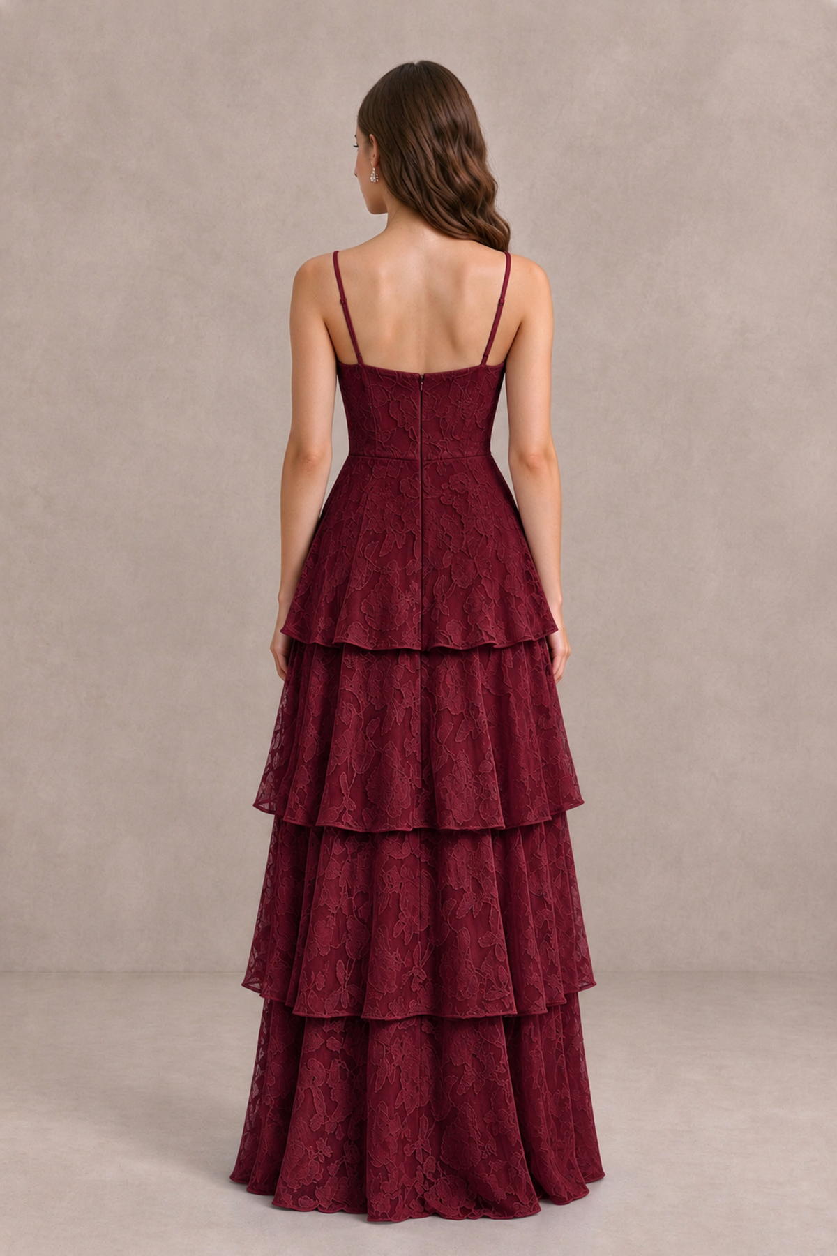 BOLODOO Burgundy Tiered Floral-Textured Spaghetti Strap Maxi Dress - Burgundy - Burgundy_2