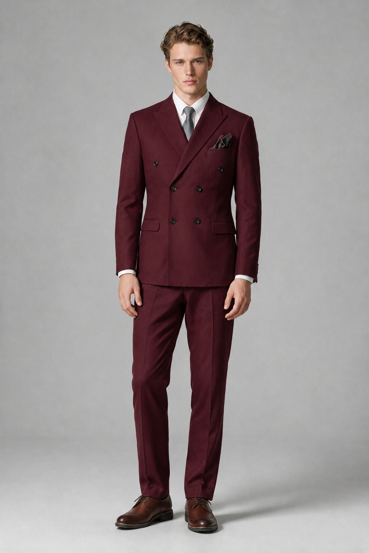Bolodoo Men's Burgundy Double-Breasted Two-Piece Suit with Peak Lapels - Burgundy - Burgundy_2