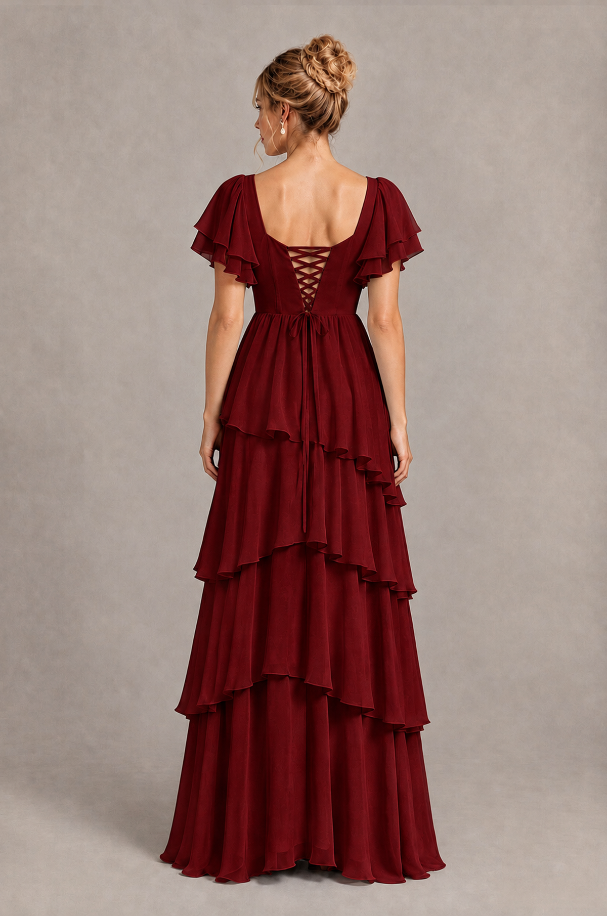 BOLODOO Burgundy Square Neck Flutter Sleeve Tiered Chiffon Bridesmaid Dress with Lace-Up Back - Burgundy - Burgundy_2