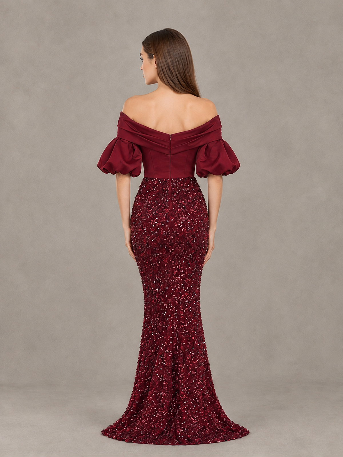 BOLODOO Burgundy Off-Shoulder Puff Sleeve Sequin Mermaid Evening Dress - Burgundy - Burgundy_2