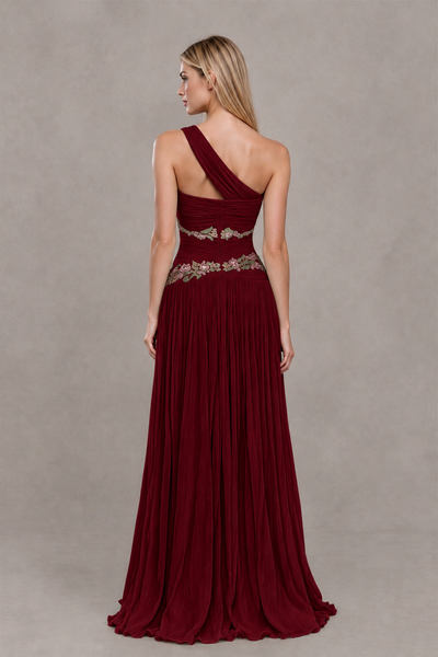 BOLODOO Burgundy One-Shoulder Floral Applique A-Line Evening Dress - Burgundy - Burgundy_2