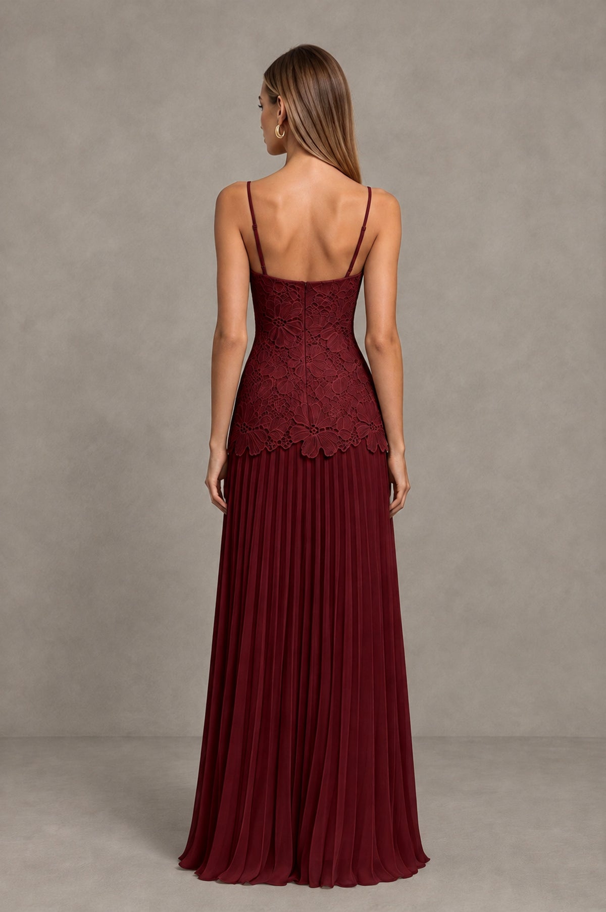 BOLODOO Burgundy Lace Bodice Pleated Wedding Guest Dress - Burgundy - Burgundy_2