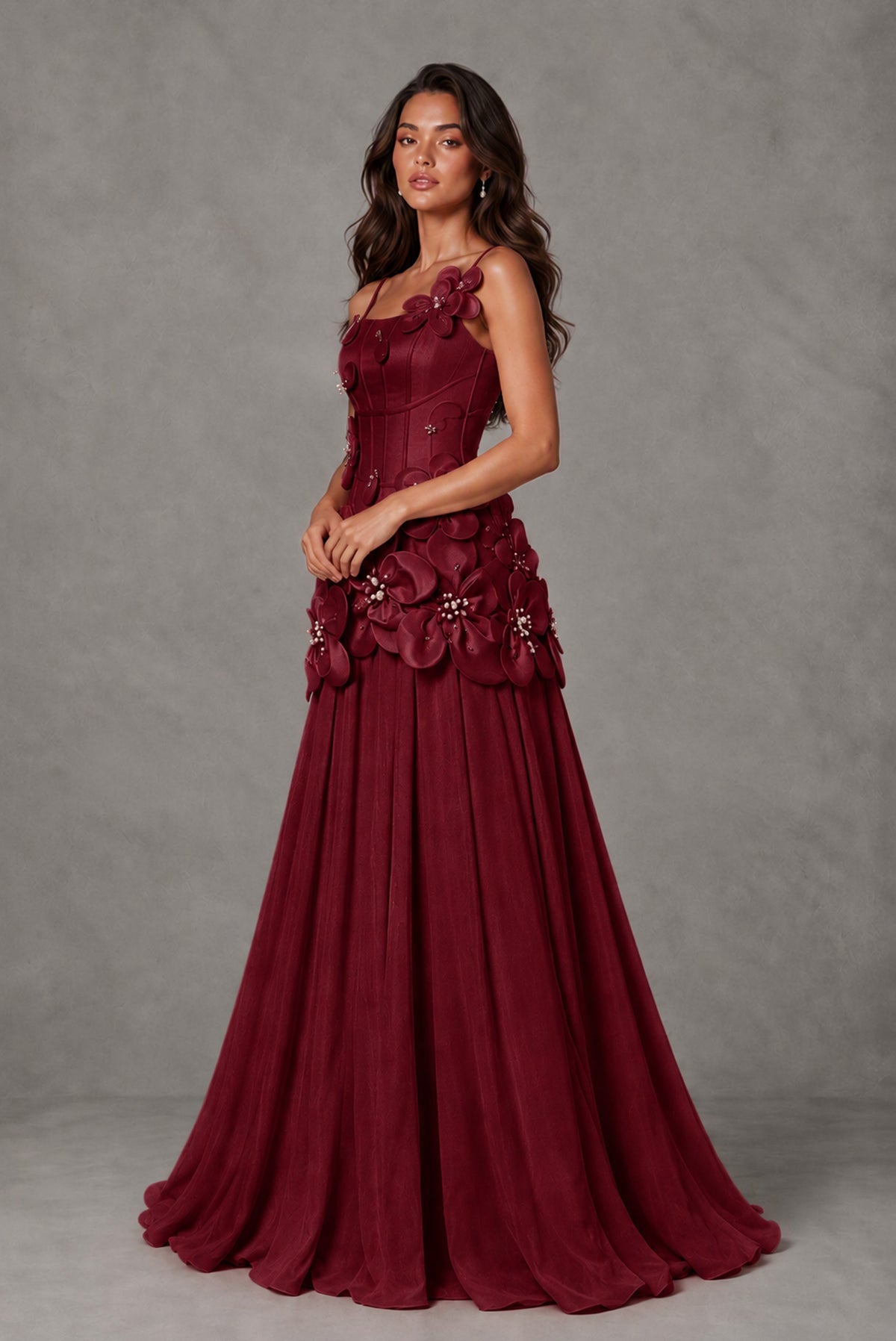 BOLODOO Burgundy 3D Floral Appliqué Floor-Length A-Line Evening Gown - Burgundy