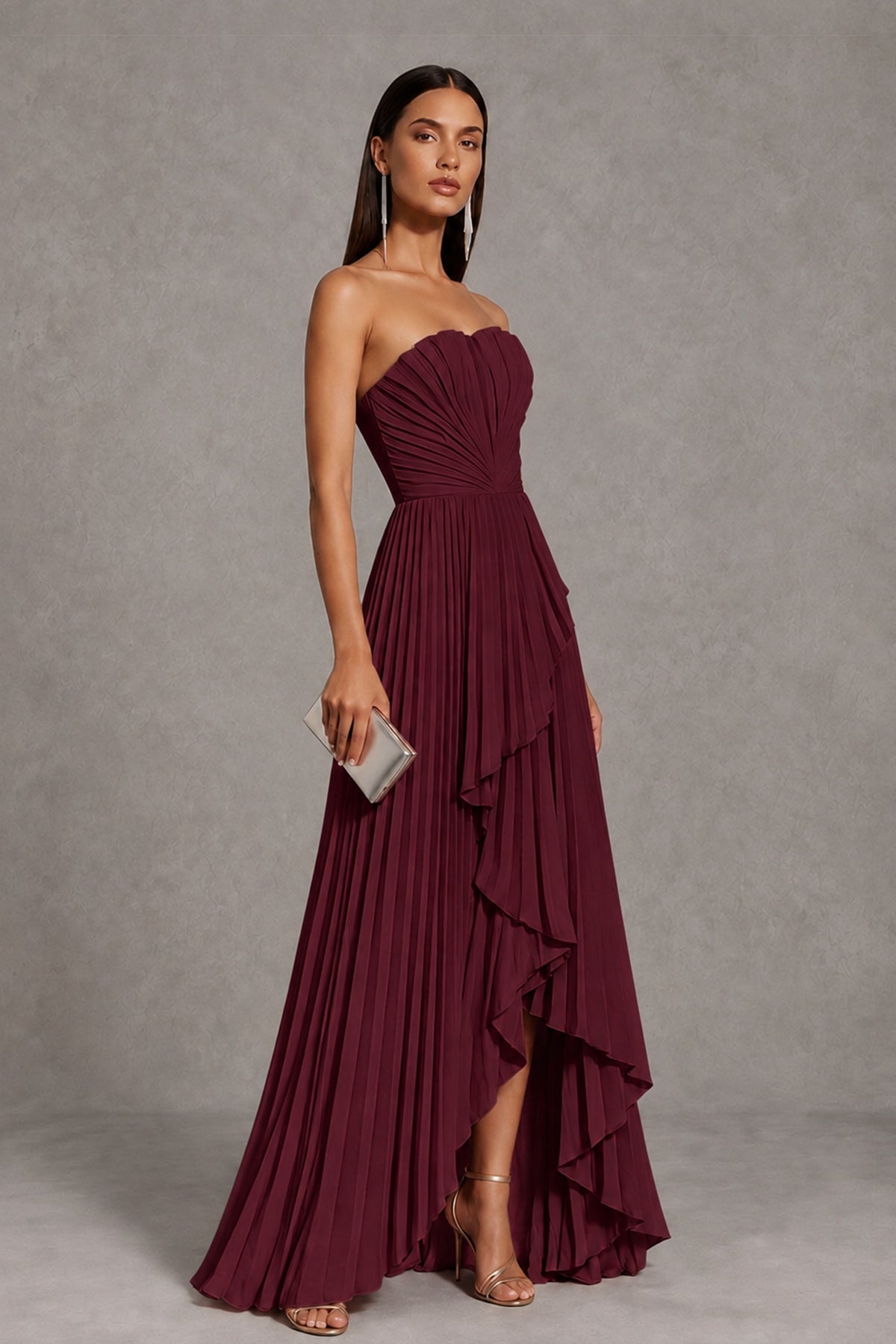 Burgundy Strapless Pleated High-Low Evening Gown with Ruffle Hem - Burgundy