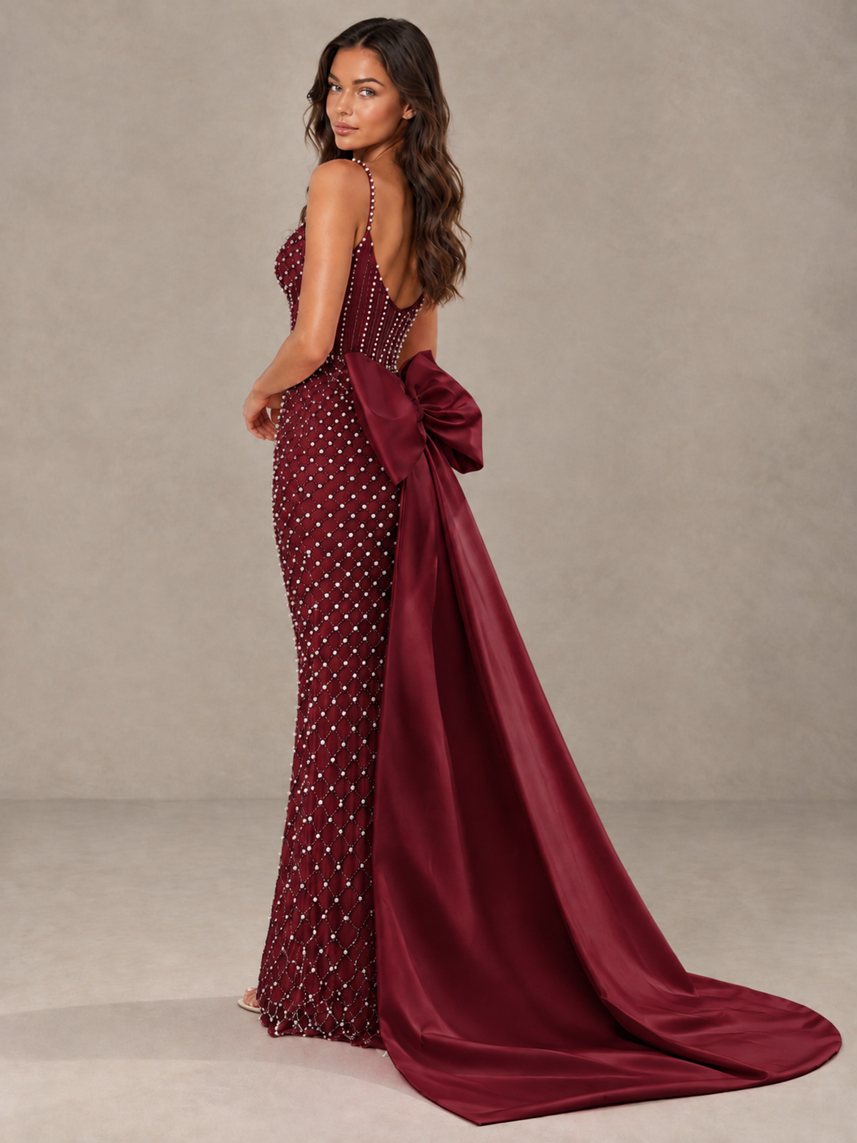 BOLODOO Burgundy Beaded Corset Prom Dress with Bow Train - Burgundy - Burgundy_2