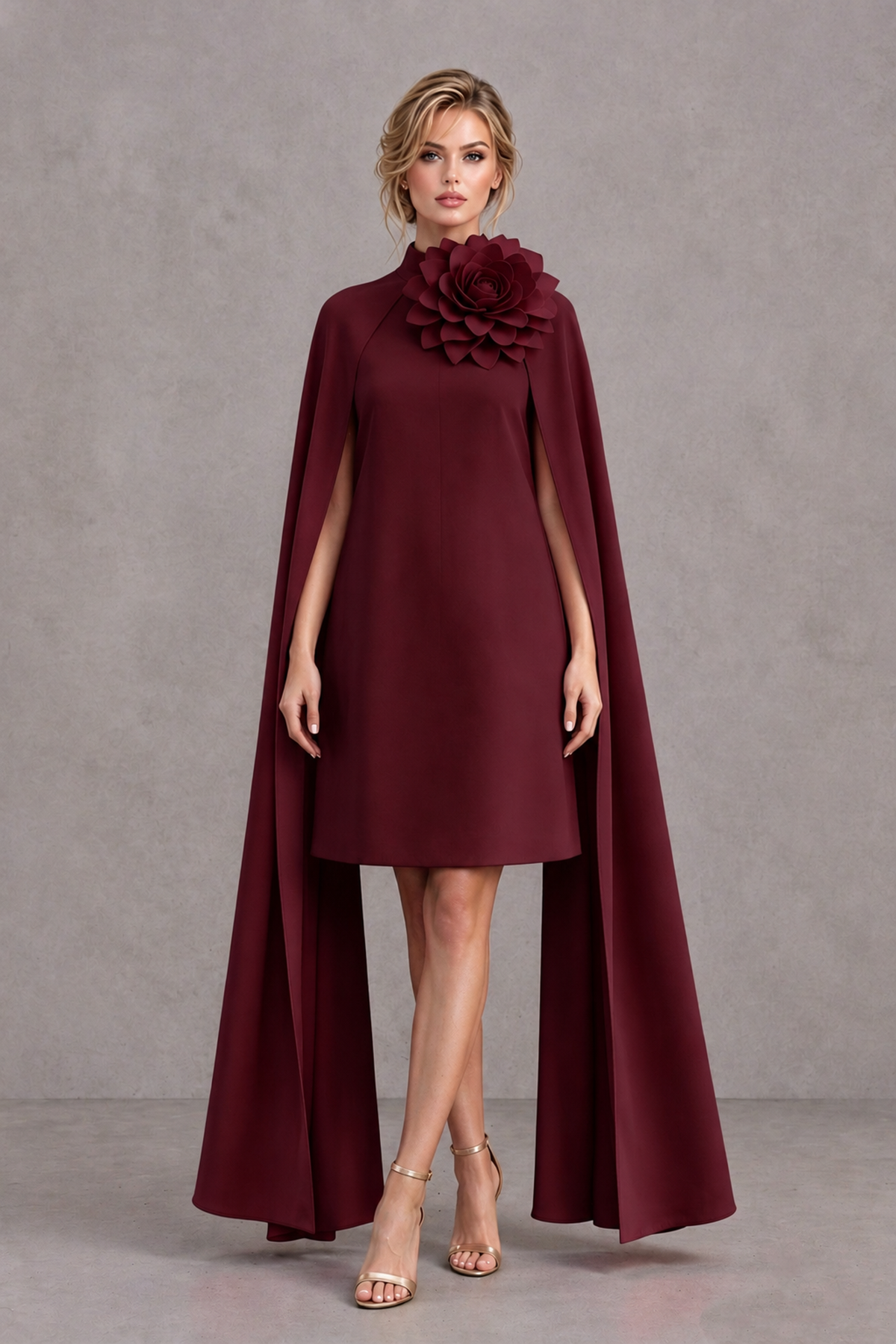 BOLODOO Burgundy High Neck Floral Cape Mini Cocktail Dress - Burgundy - Burgundy_2