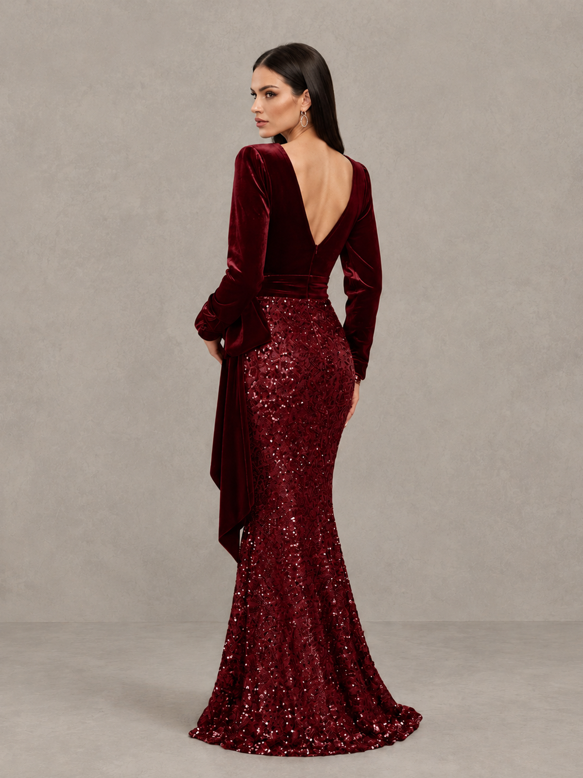 BOLODOO Burgundy Velvet & Sequin Long Sleeve V-Neck Mermaid Evening Gown - Burgundy - Burgundy_2