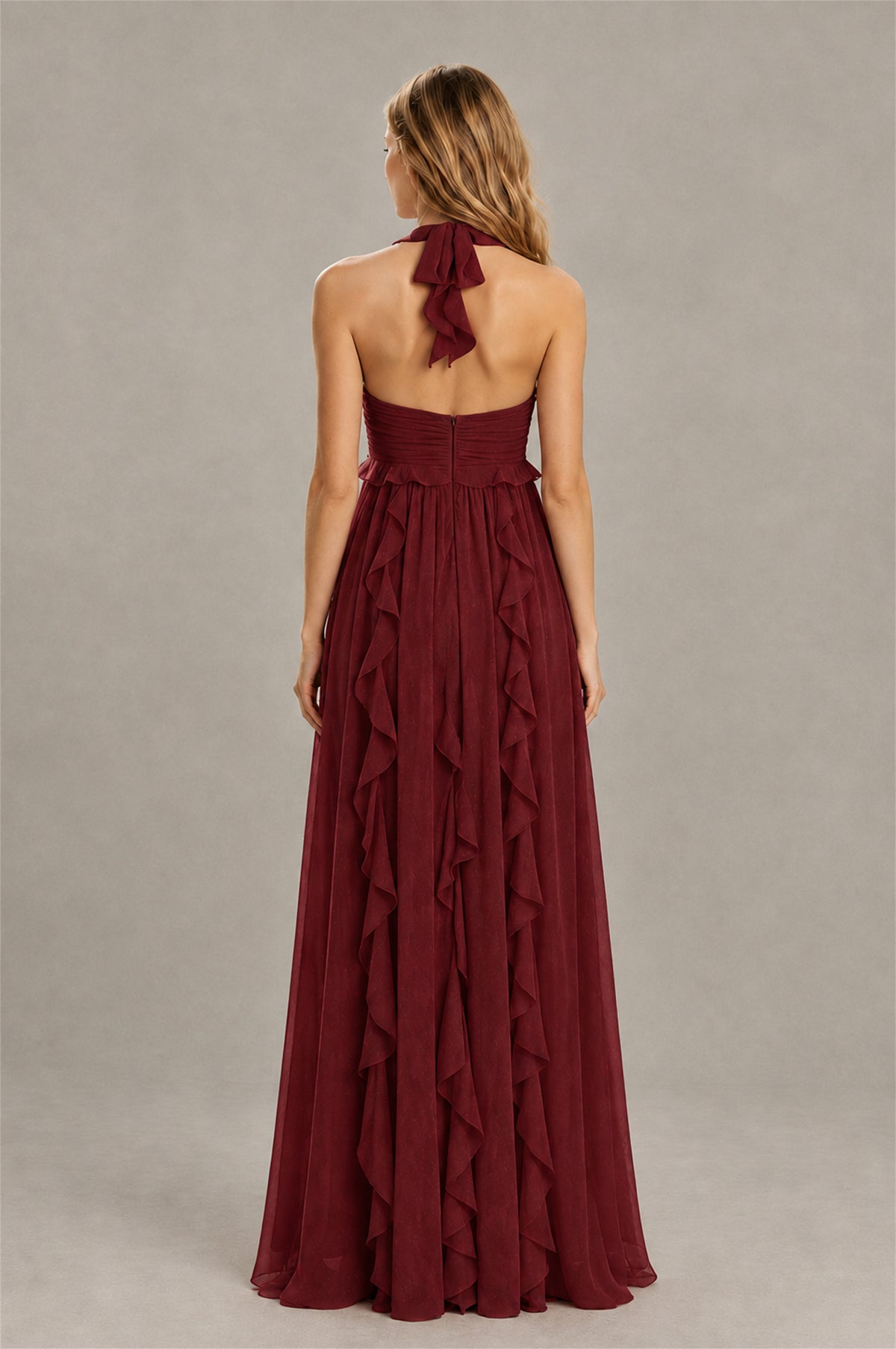 BOLODOO Burgundy Halter Ruffle A-Line Floor-Length Evening Dress - Burgundy - Burgundy_2